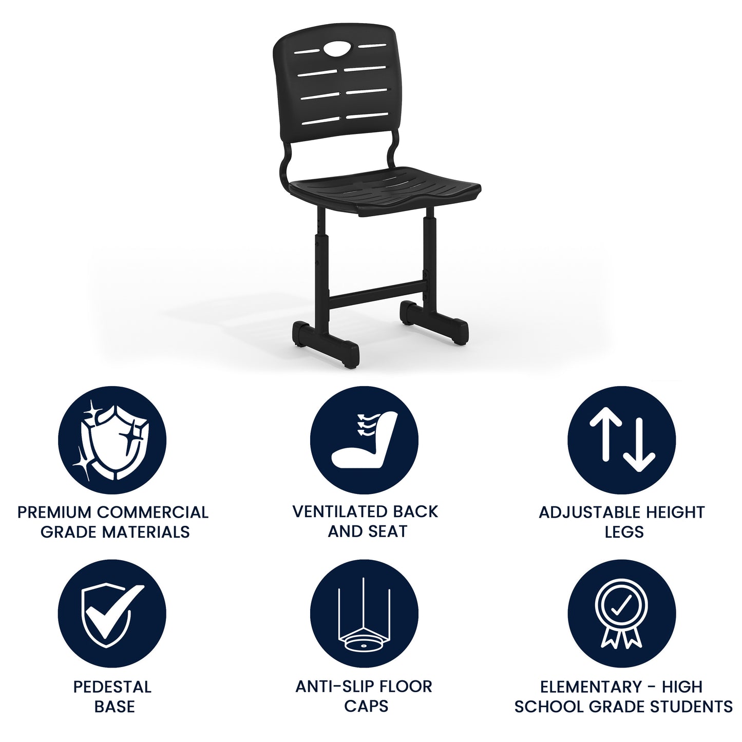 Nila Adjustable Height Black Student Chair with Black Pedestal Frame for School, Classroom, Remote Learning Black YU-YCX-09010-GG