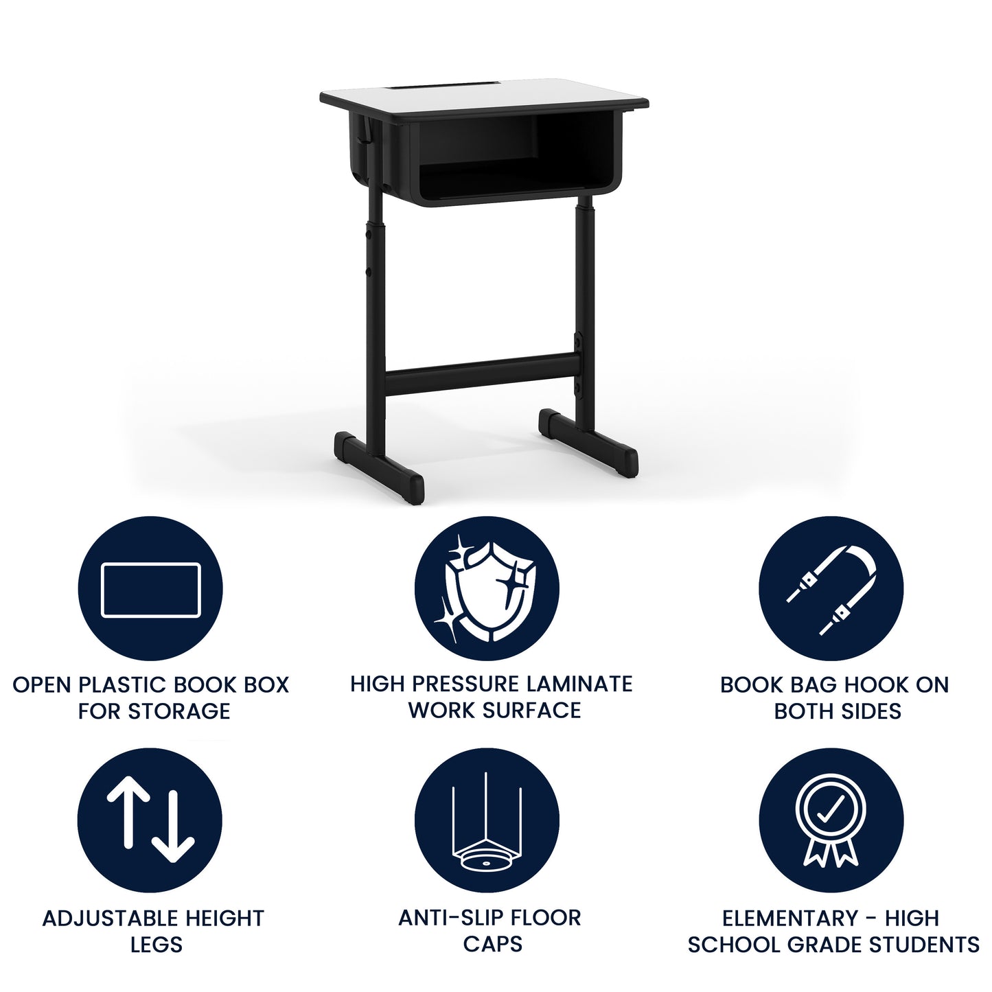 Billie Student Desk with Grey Top and Adjustable Height Black Pedestal Frame Grey