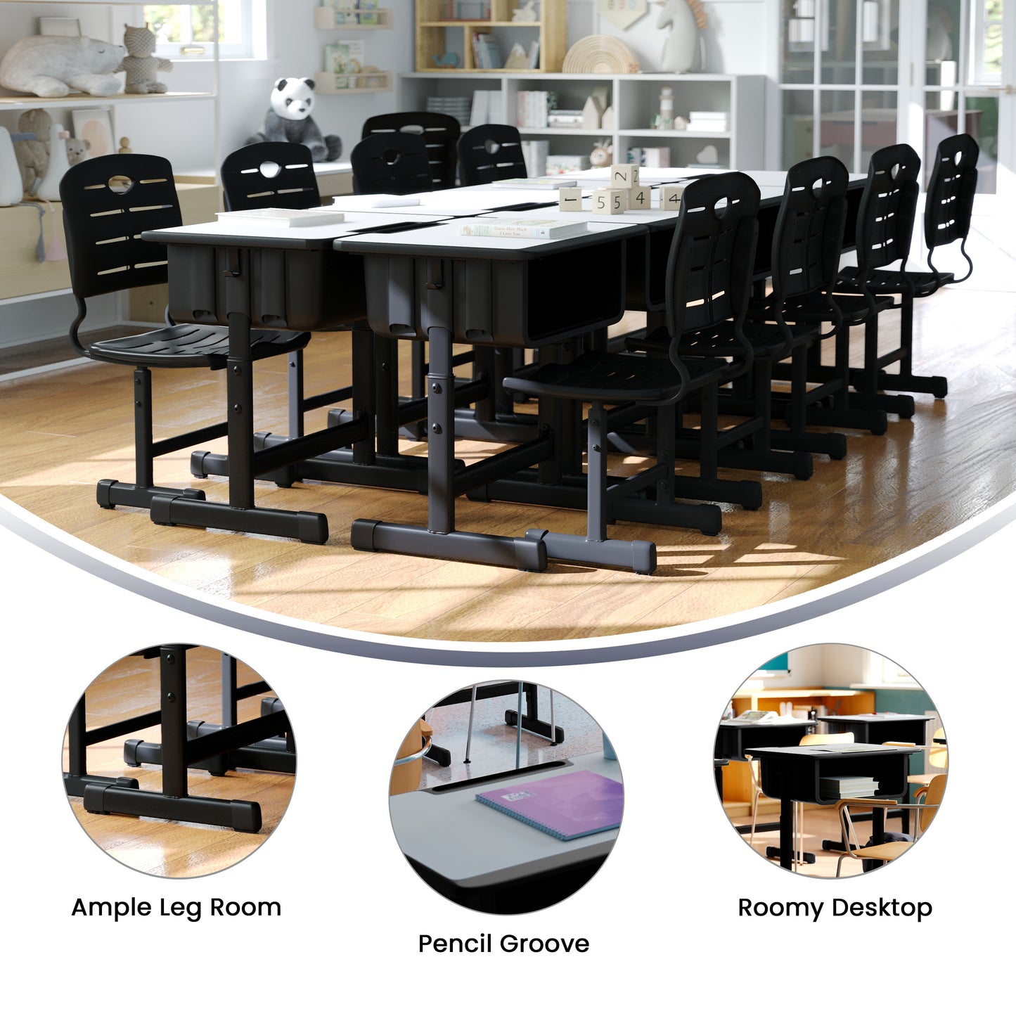 Billie Student Desk with Grey Top and Adjustable Height Black Pedestal Frame Grey