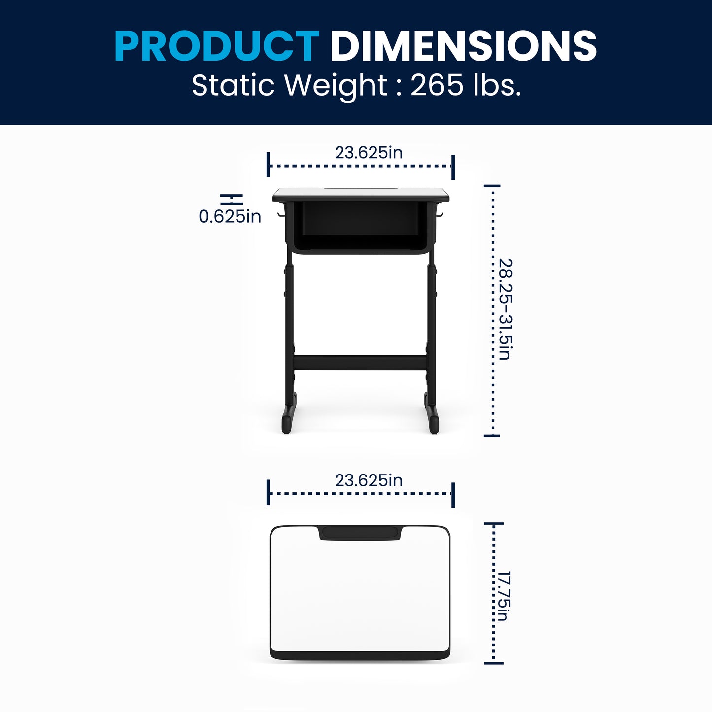 Billie Student Desk with Grey Top and Adjustable Height Black Pedestal Frame Grey