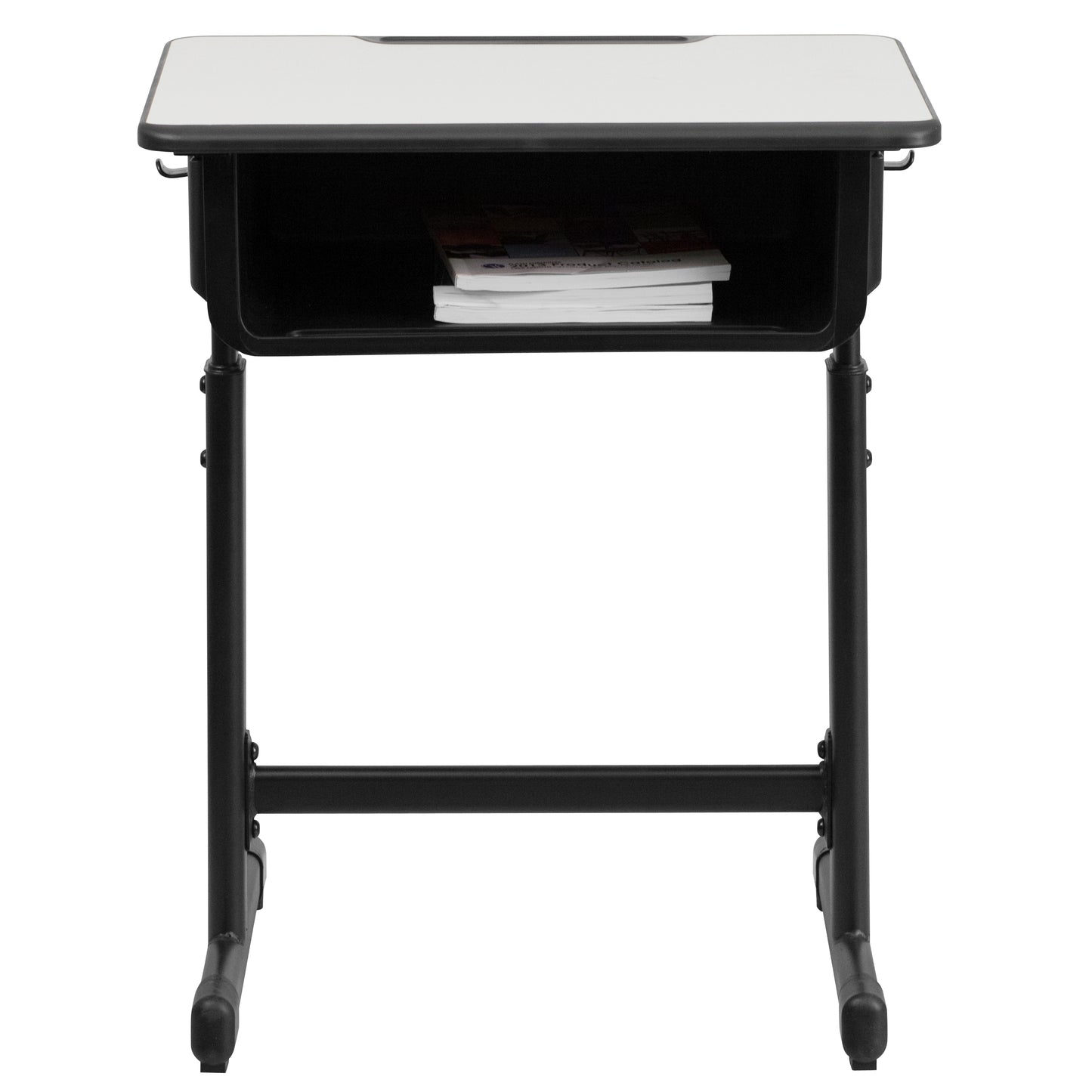 Billie Student Desk with Grey Top and Adjustable Height Black Pedestal Frame Grey