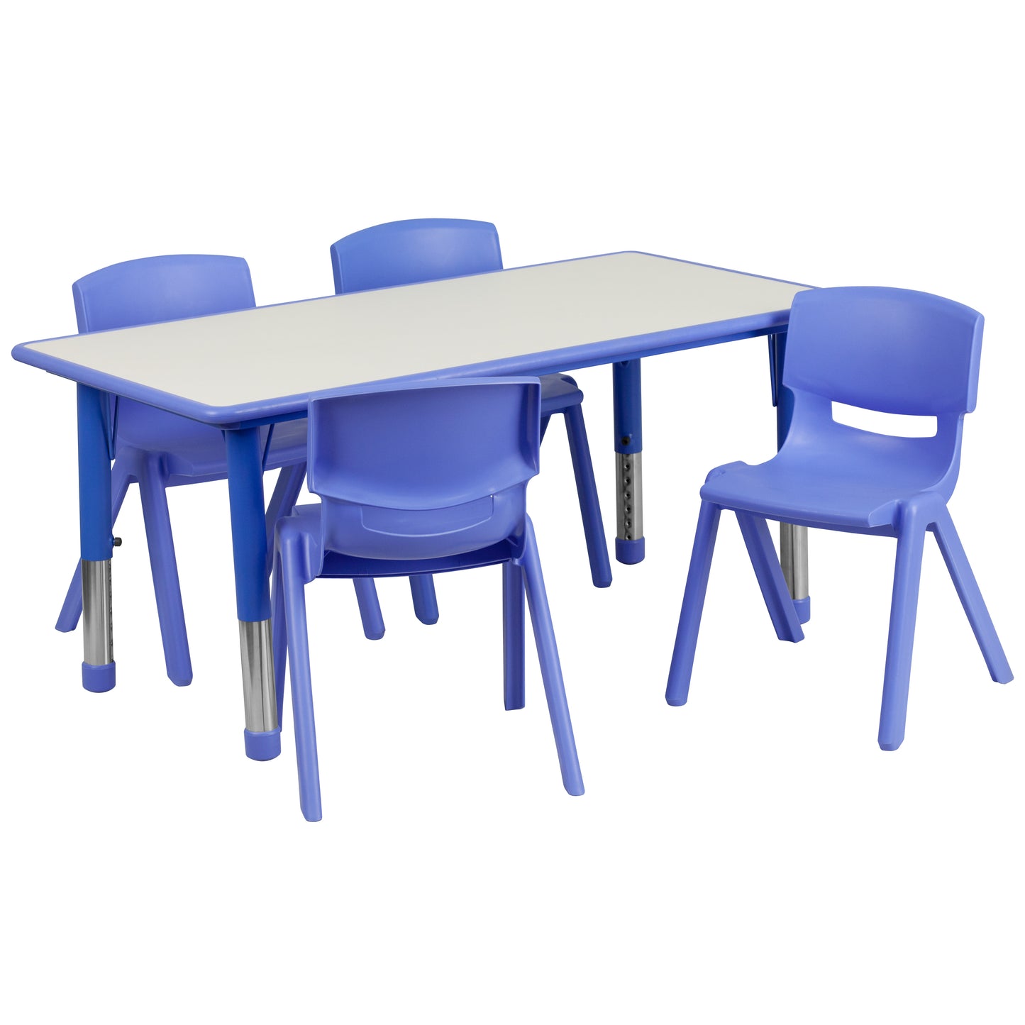 Emmy Adjustable Kids Activity Table Set – 23.6" x 47.25" Blue/Gray Plastic Table with 4 Blue Chairs – Classroom & Daycare Table for Toddlers & Kids Blue