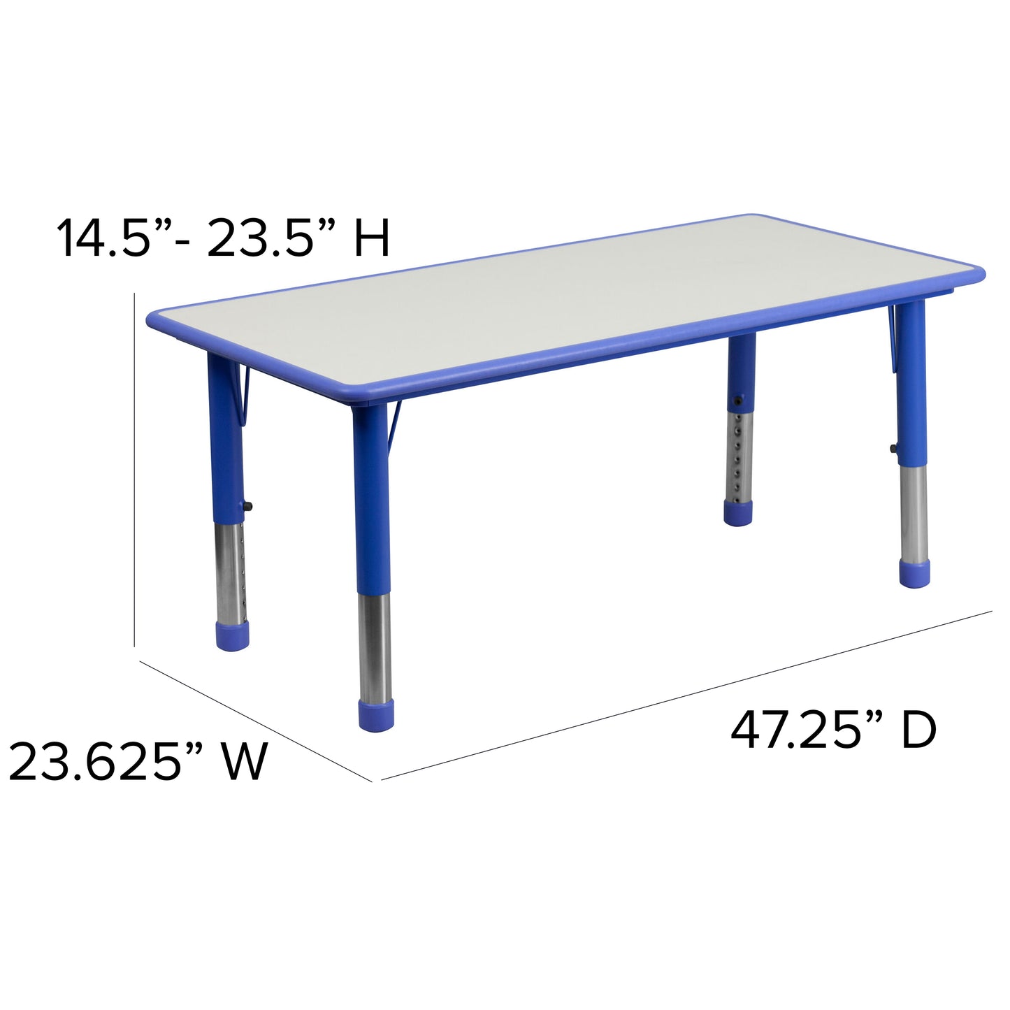 Emmy Adjustable Kids Activity Table Set – 23.6" x 47.25" Blue/Gray Plastic Table with 4 Blue Chairs – Classroom & Daycare Table for Toddlers & Kids Blue