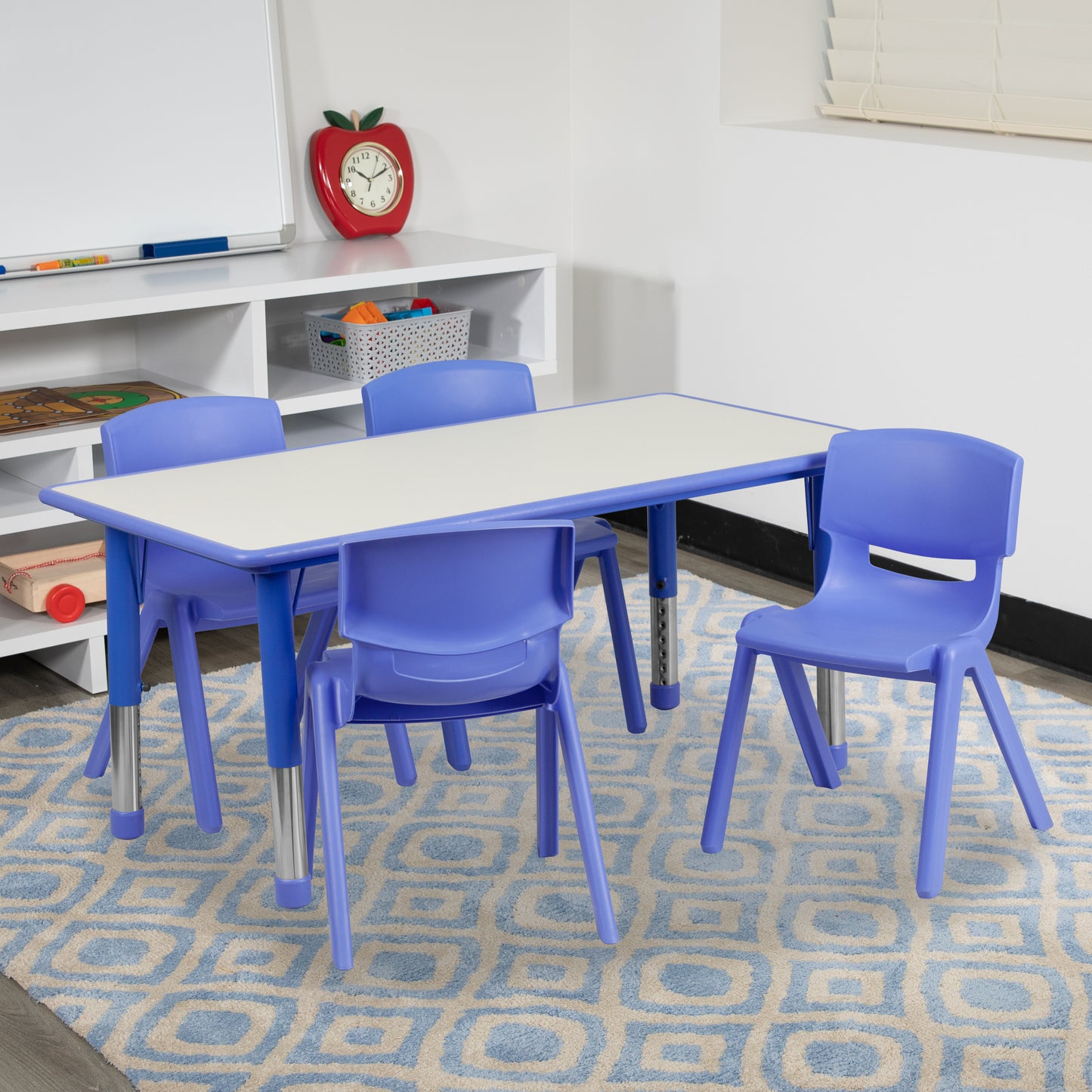 Emmy Adjustable Kids Activity Table Set – 23.6" x 47.25" Blue/Gray Plastic Table with 4 Blue Chairs – Classroom & Daycare Table for Toddlers & Kids Blue