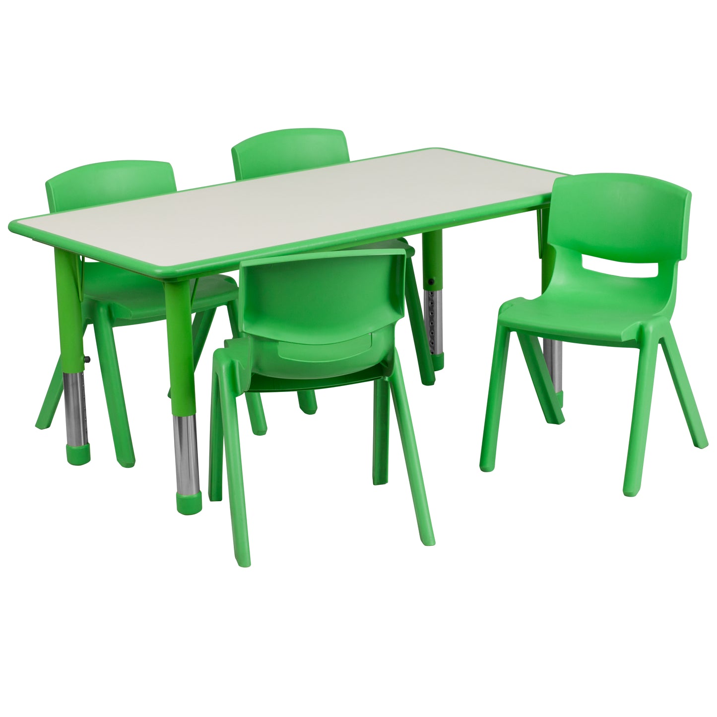 Emmy Adjustable Kids Activity Table Set – 23.6" x 47.25" Green/Gray Plastic Table with 4 Green Chairs – Classroom & Daycare Table for Toddlers & Kids Green