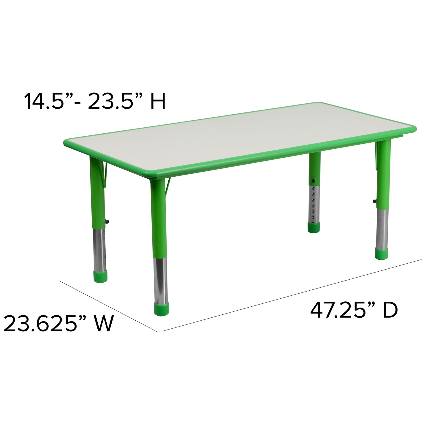 Emmy Adjustable Kids Activity Table Set – 23.6" x 47.25" Green/Gray Plastic Table with 4 Green Chairs – Classroom & Daycare Table for Toddlers & Kids Green