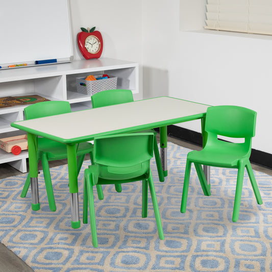 Emmy Adjustable Kids Activity Table Set – 23.6" x 47.25" Green/Gray Plastic Table with 4 Green Chairs – Classroom & Daycare Table for Toddlers & Kids Green