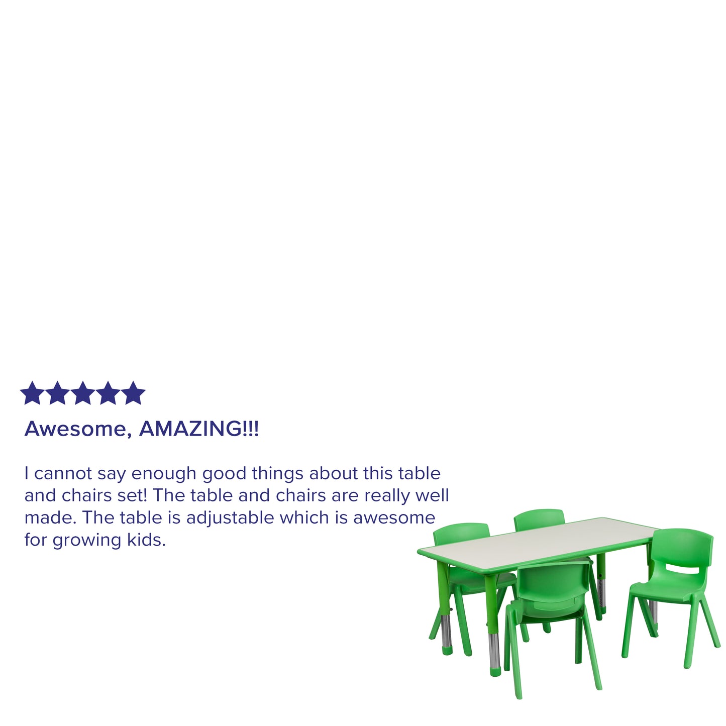 Emmy Adjustable Kids Activity Table Set – 23.6" x 47.25" Green/Gray Plastic Table with 4 Green Chairs – Classroom & Daycare Table for Toddlers & Kids Green