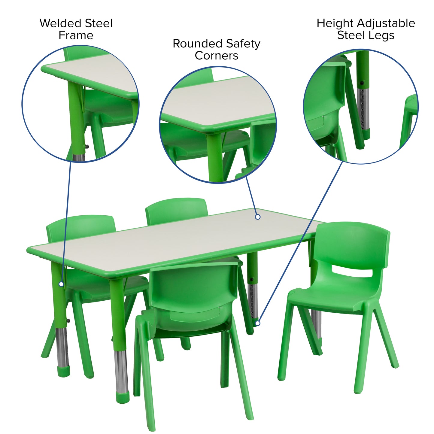Emmy Adjustable Kids Activity Table Set – 23.6" x 47.25" Green/Gray Plastic Table with 4 Green Chairs – Classroom & Daycare Table for Toddlers & Kids Green