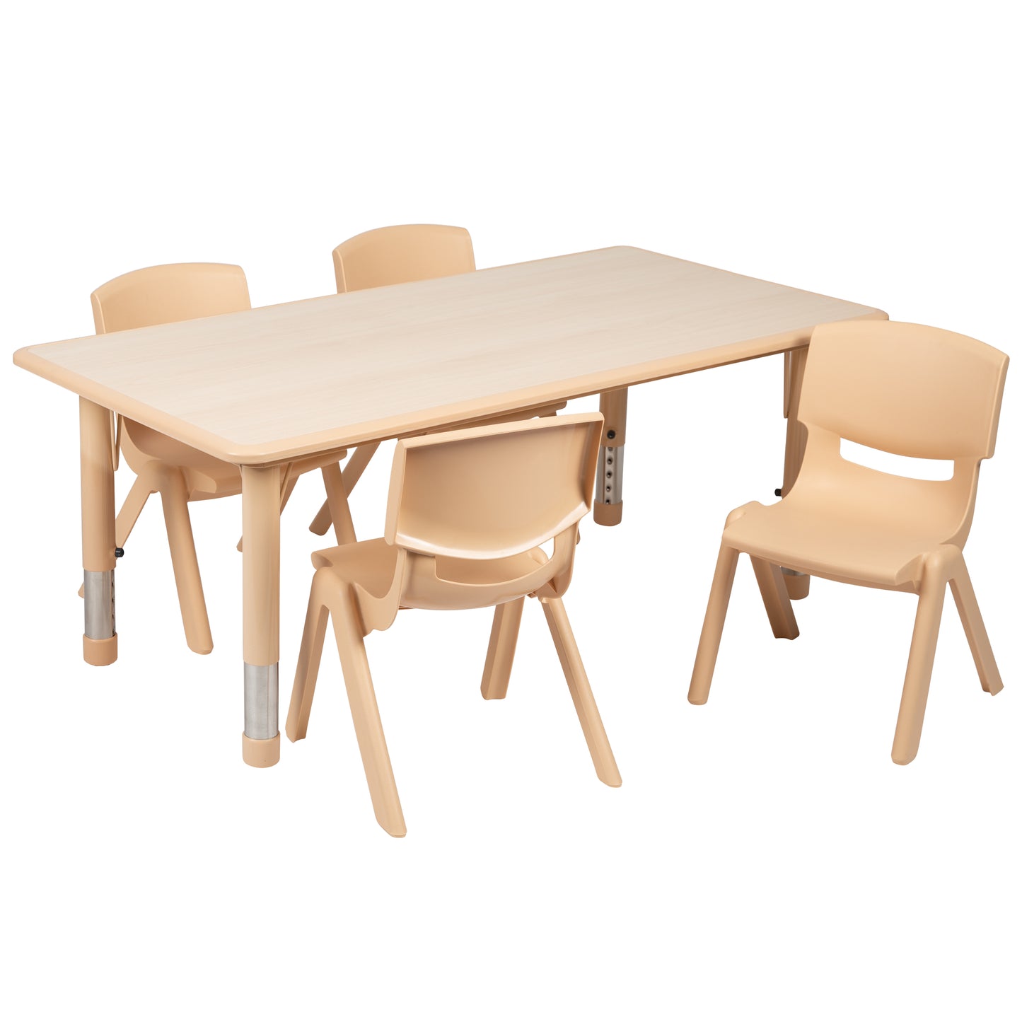 Emmy Adjustable Kids Activity Table Set – 23.6" x 47.25" Natural Plastic Table with 4 Natural Chairs – Classroom & Daycare Table for Toddlers & Kids Natural