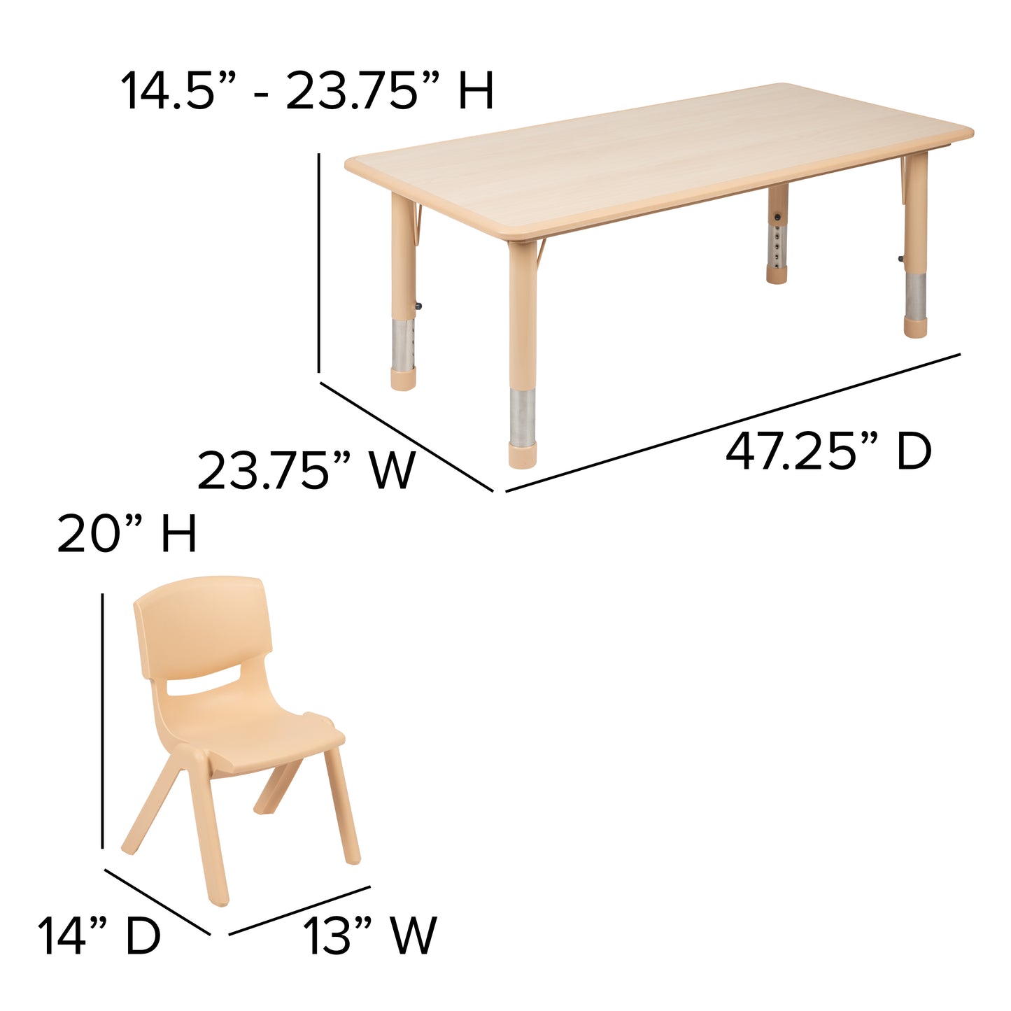 Emmy Adjustable Kids Activity Table Set – 23.6" x 47.25" Natural Plastic Table with 4 Natural Chairs – Classroom & Daycare Table for Toddlers & Kids Natural