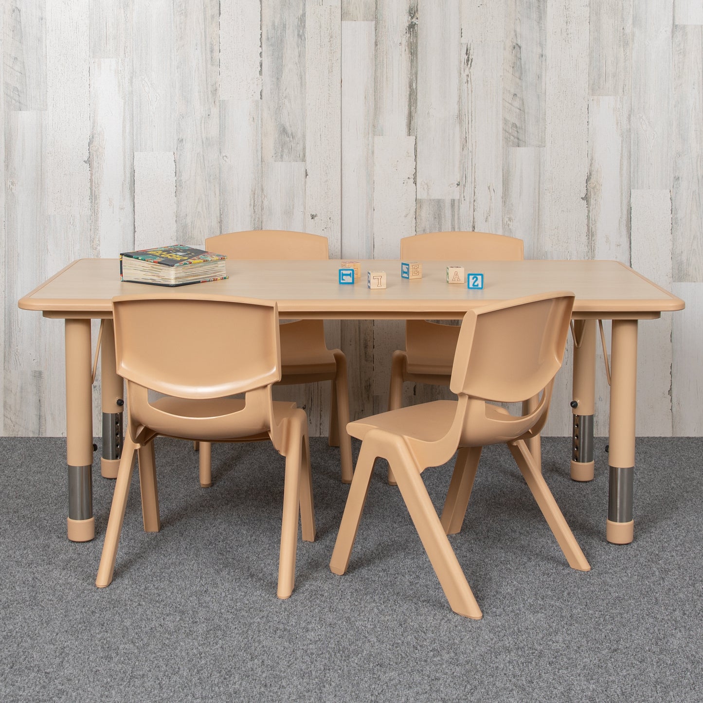 Emmy Adjustable Kids Activity Table Set – 23.6" x 47.25" Natural Plastic Table with 4 Natural Chairs – Classroom & Daycare Table for Toddlers & Kids Natural