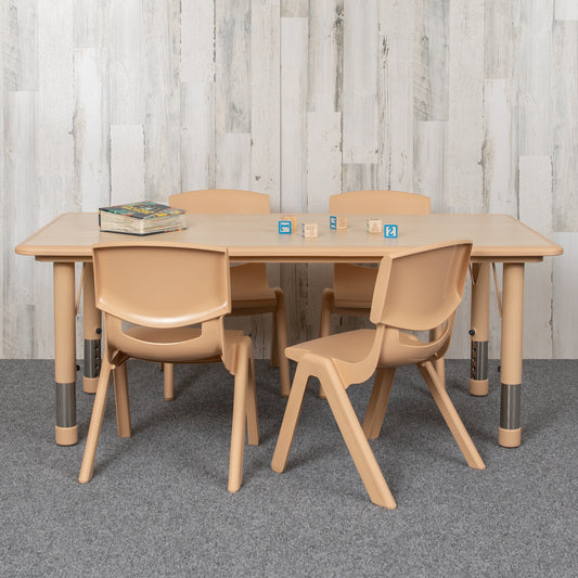 Emmy Adjustable Kids Activity Table Set – 23.6" x 47.25" Natural Plastic Table with 4 Natural Chairs – Classroom & Daycare Table for Toddlers & Kids Natural