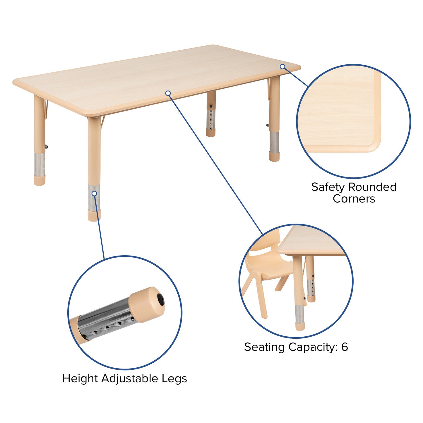 Emmy Adjustable Kids Activity Table Set – 23.6" x 47.25" Natural Plastic Table with 4 Natural Chairs – Classroom & Daycare Table for Toddlers & Kids Natural