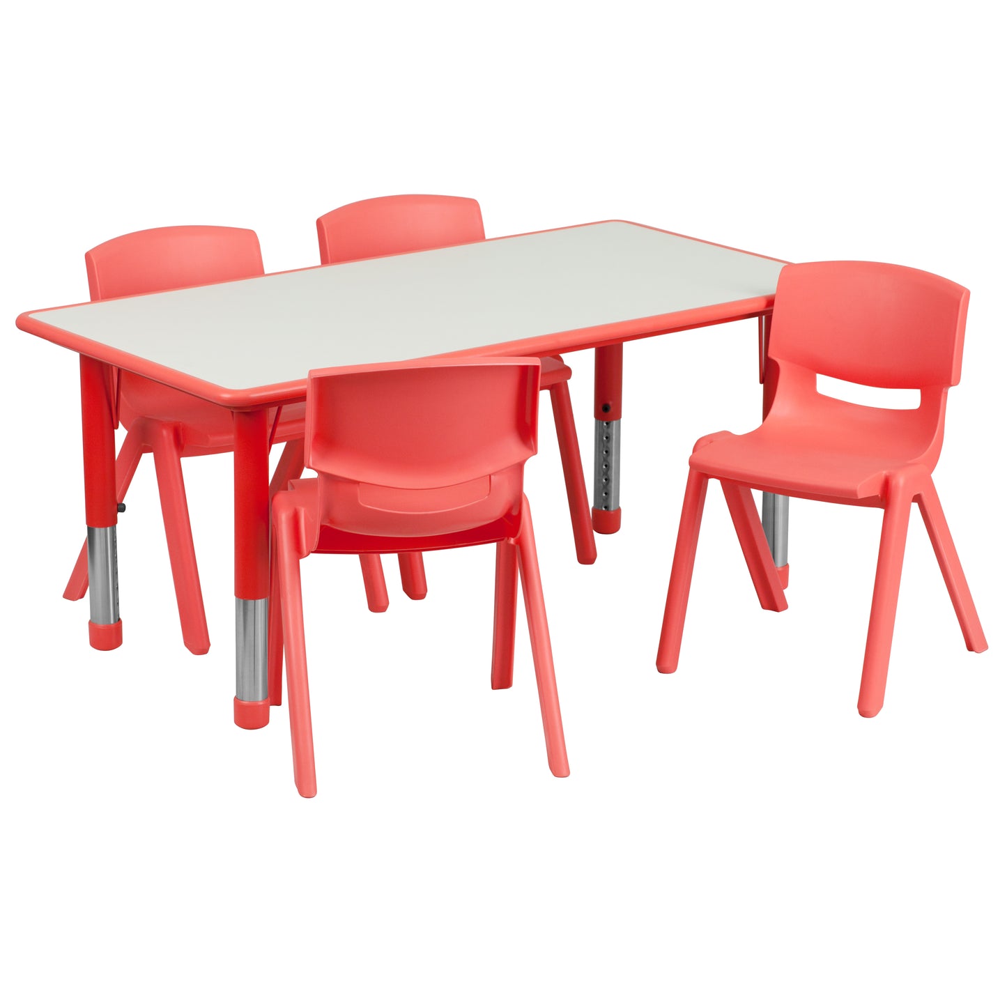 Emmy Adjustable Kids Activity Table Set – 23.6" x 47.25" Red/Gray Plastic Table with 4 Red Chairs – Classroom & Daycare Table for Toddlers & Kids Red