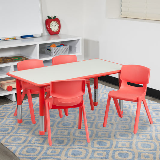 Emmy Adjustable Kids Activity Table Set – 23.6" x 47.25" Red/Gray Plastic Table with 4 Red Chairs – Classroom & Daycare Table for Toddlers & Kids Red