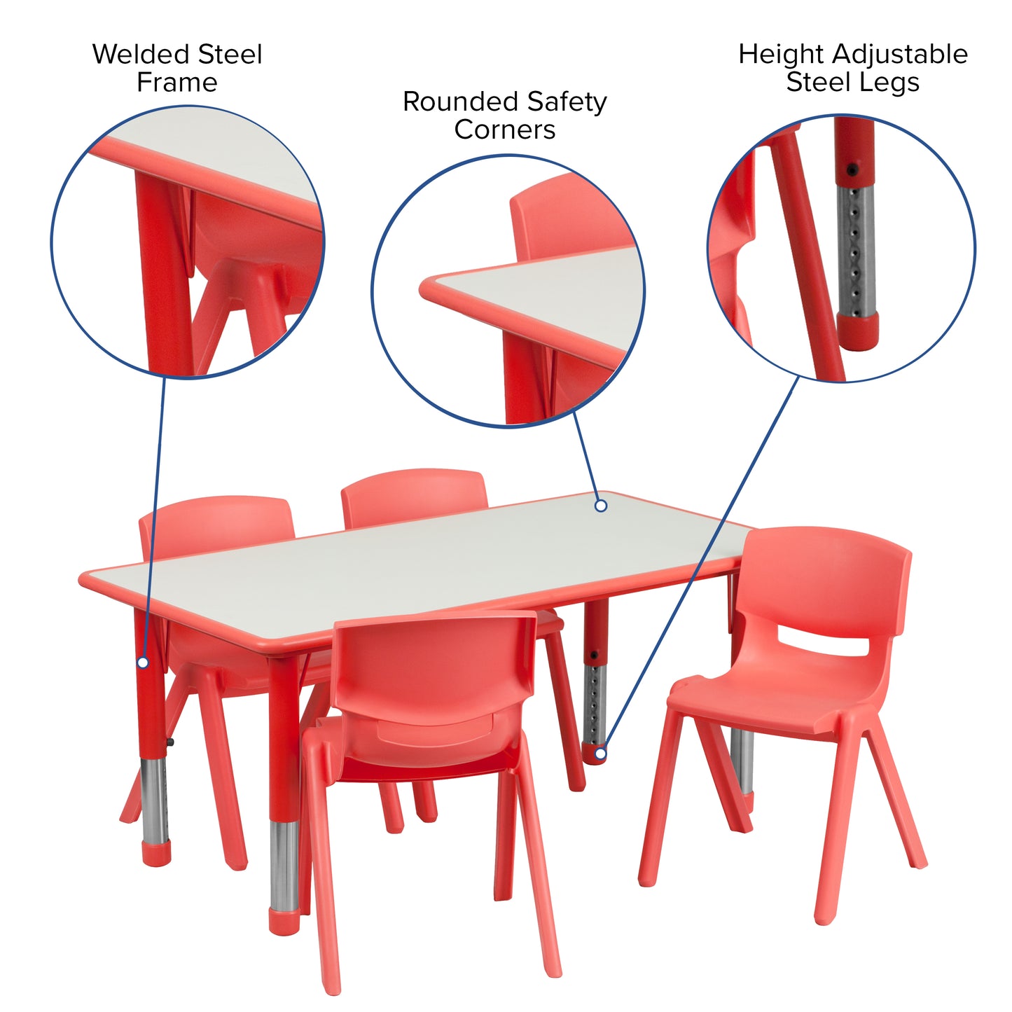 Emmy Adjustable Kids Activity Table Set – 23.6" x 47.25" Red/Gray Plastic Table with 4 Red Chairs – Classroom & Daycare Table for Toddlers & Kids Red