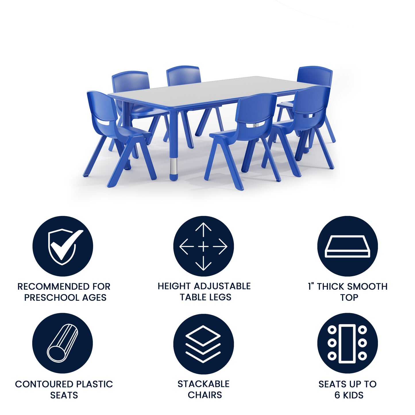 Emmy Adjustable Kids Activity Table Set – 23.6" x 47.25" Blue/Gray Plastic Table with 6 Blue Chairs – Classroom & Daycare Table for Toddlers & Kids Blue