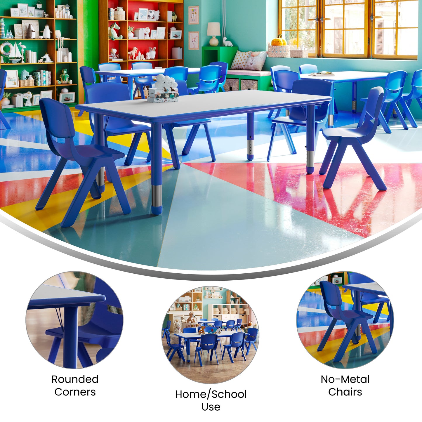 Emmy Adjustable Kids Activity Table Set – 23.6" x 47.25" Blue/Gray Plastic Table with 6 Blue Chairs – Classroom & Daycare Table for Toddlers & Kids Blue