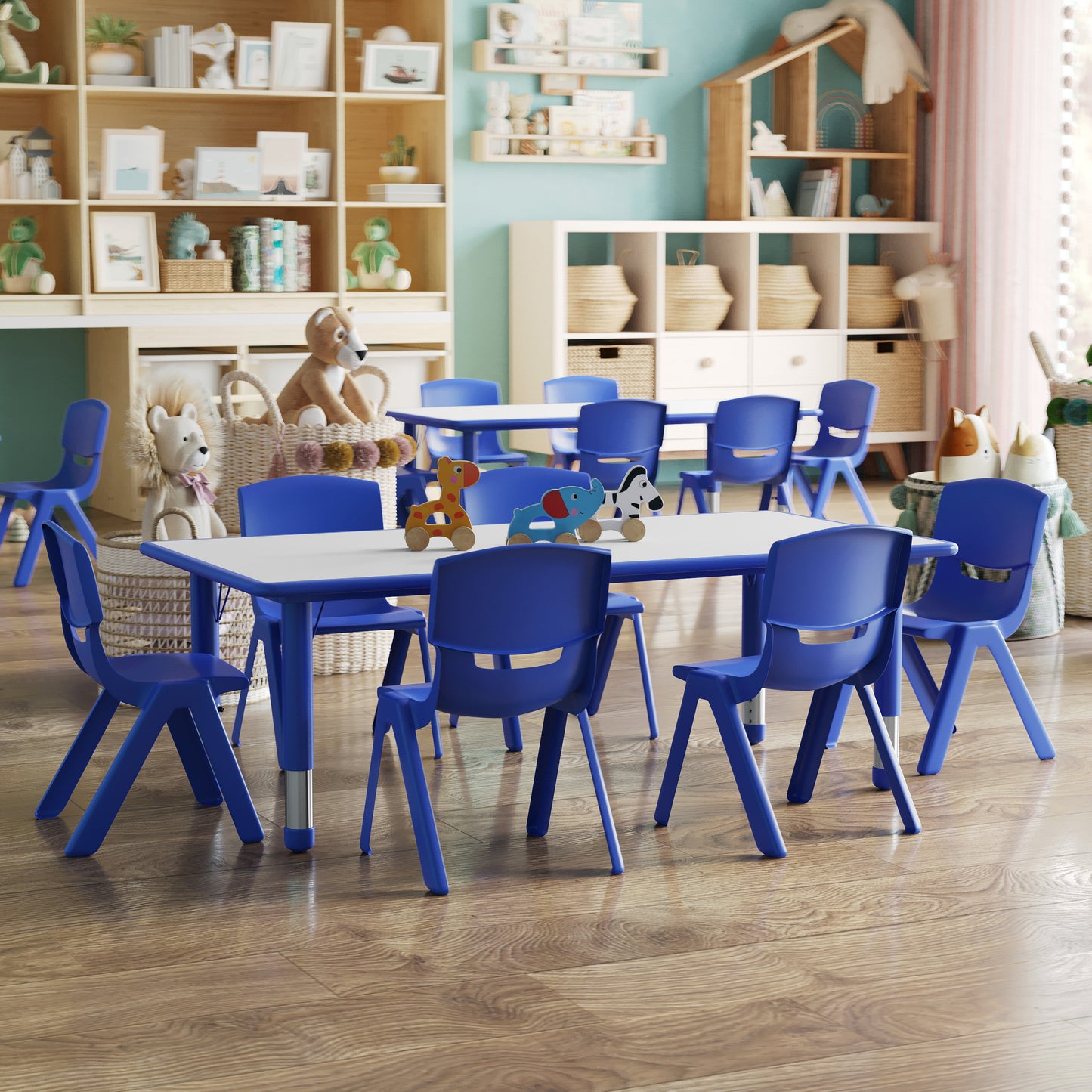 Emmy Adjustable Kids Activity Table Set – 23.6" x 47.25" Blue/Gray Plastic Table with 6 Blue Chairs – Classroom & Daycare Table for Toddlers & Kids Blue