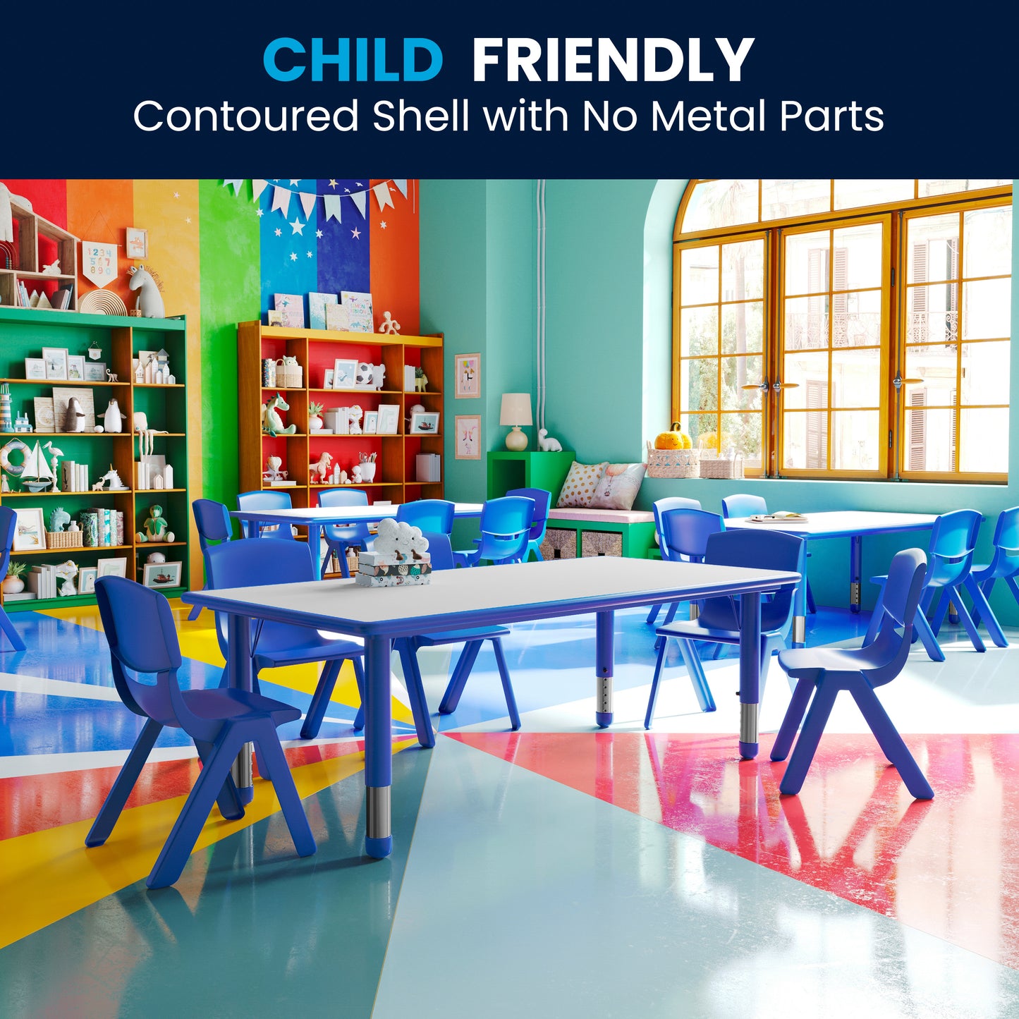 Emmy Adjustable Kids Activity Table Set – 23.6" x 47.25" Blue/Gray Plastic Table with 6 Blue Chairs – Classroom & Daycare Table for Toddlers & Kids Blue