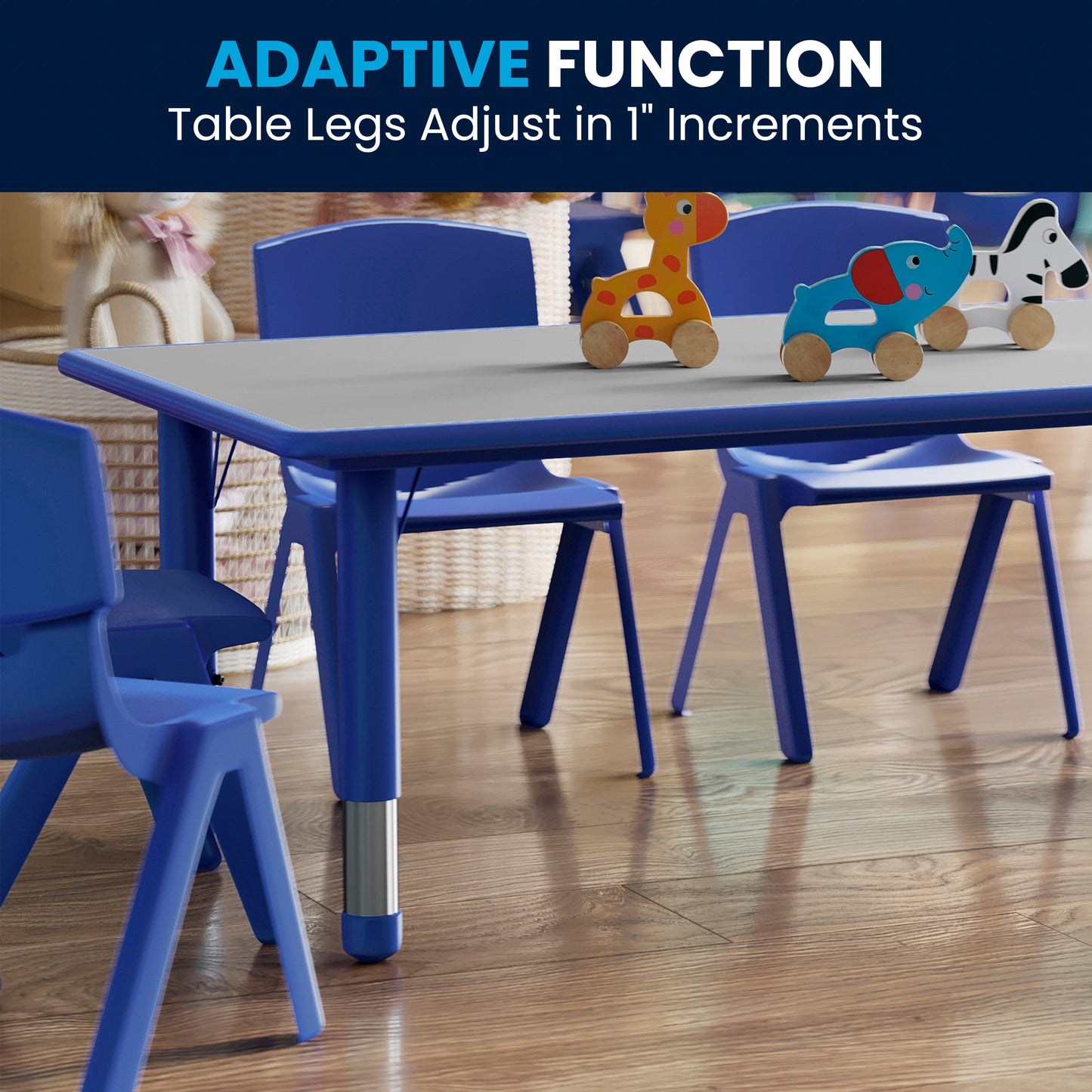 Emmy Adjustable Kids Activity Table Set – 23.6" x 47.25" Blue/Gray Plastic Table with 6 Blue Chairs – Classroom & Daycare Table for Toddlers & Kids Blue