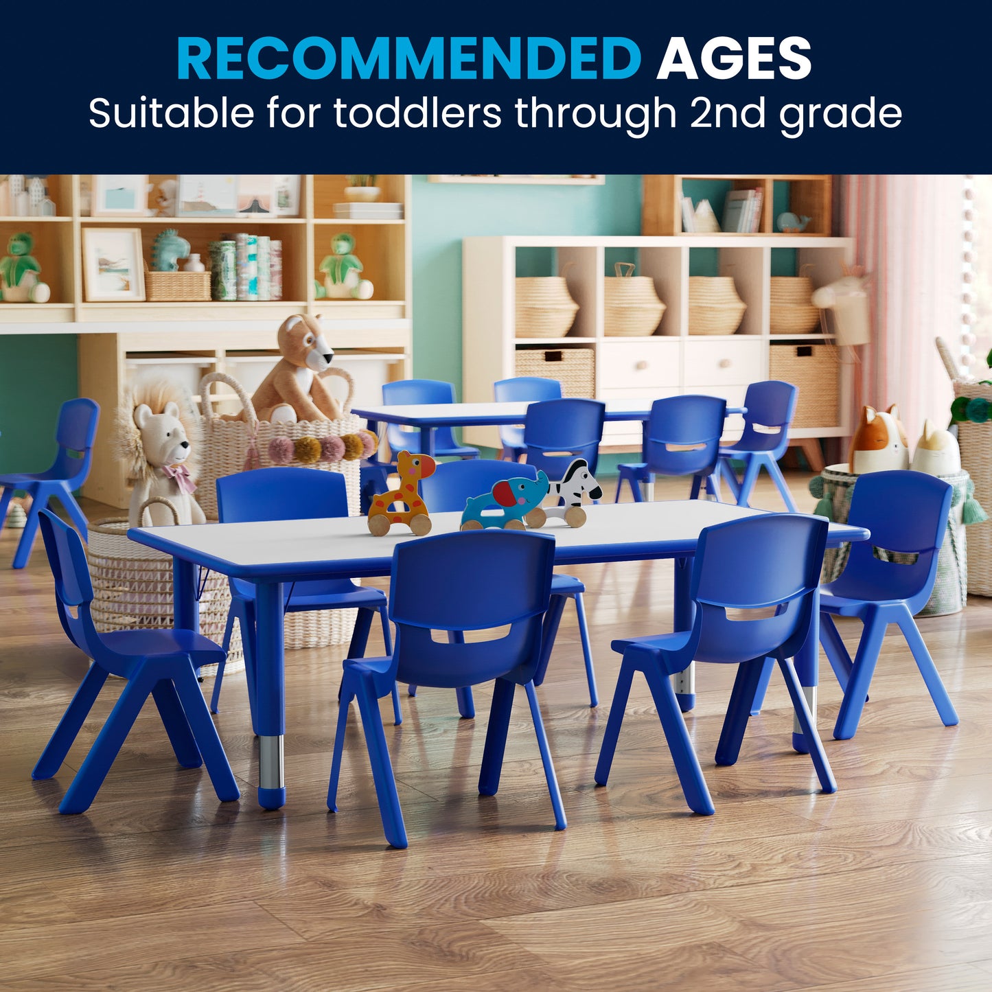 Emmy Adjustable Kids Activity Table Set – 23.6" x 47.25" Blue/Gray Plastic Table with 6 Blue Chairs – Classroom & Daycare Table for Toddlers & Kids Blue