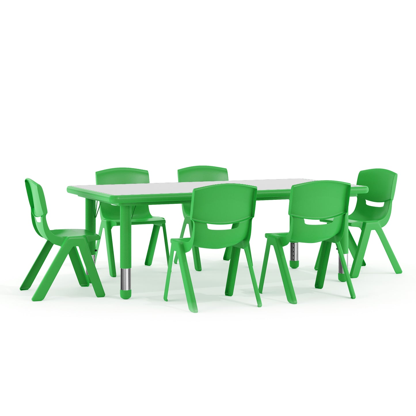 Emmy Adjustable Kids Activity Table Set – 23.6" x 47.25" Green/Gray Plastic Table with 6 Green Chairs – Classroom & Daycare Table for Toddlers & Kids Green