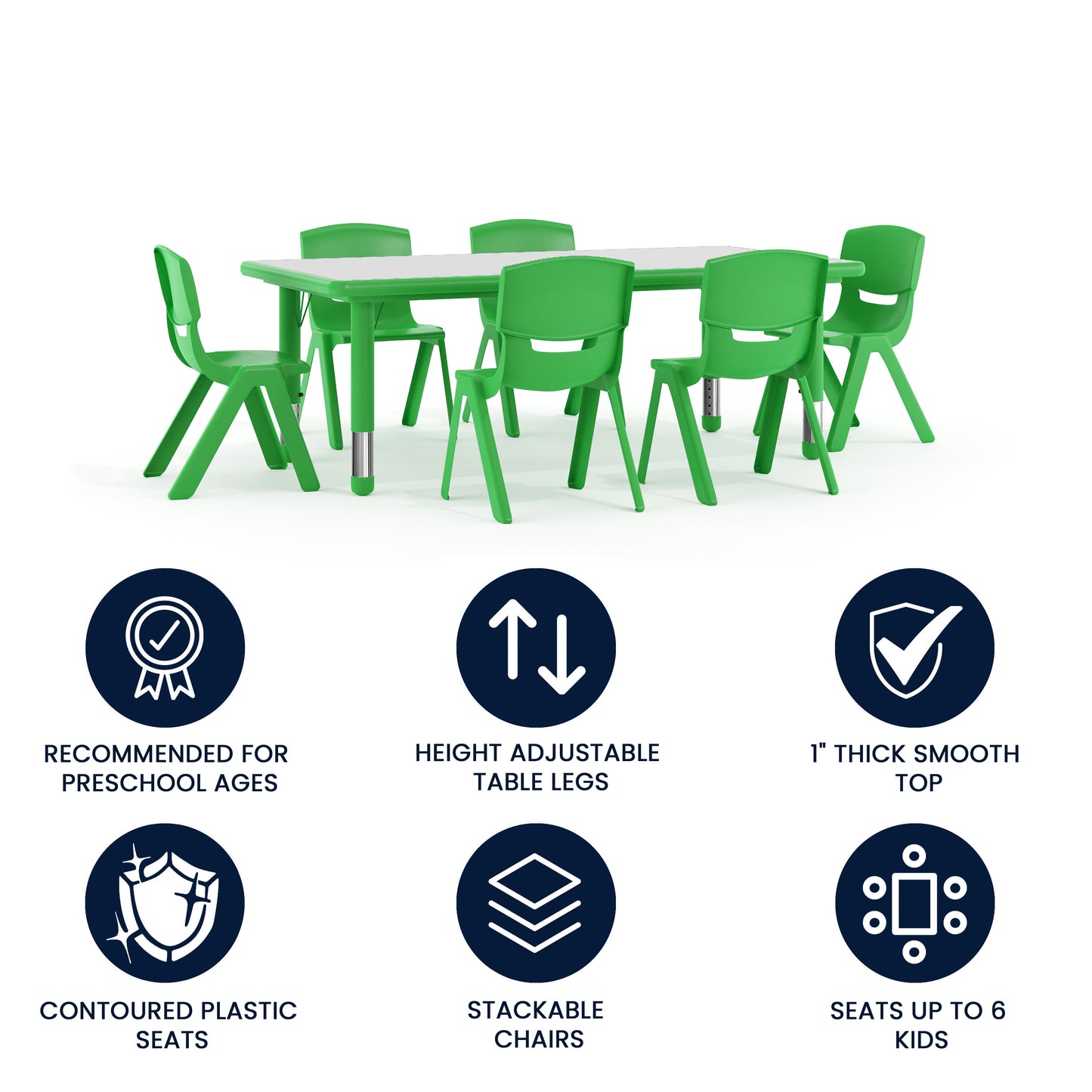 Emmy Adjustable Kids Activity Table Set – 23.6" x 47.25" Green/Gray Plastic Table with 6 Green Chairs – Classroom & Daycare Table for Toddlers & Kids Green