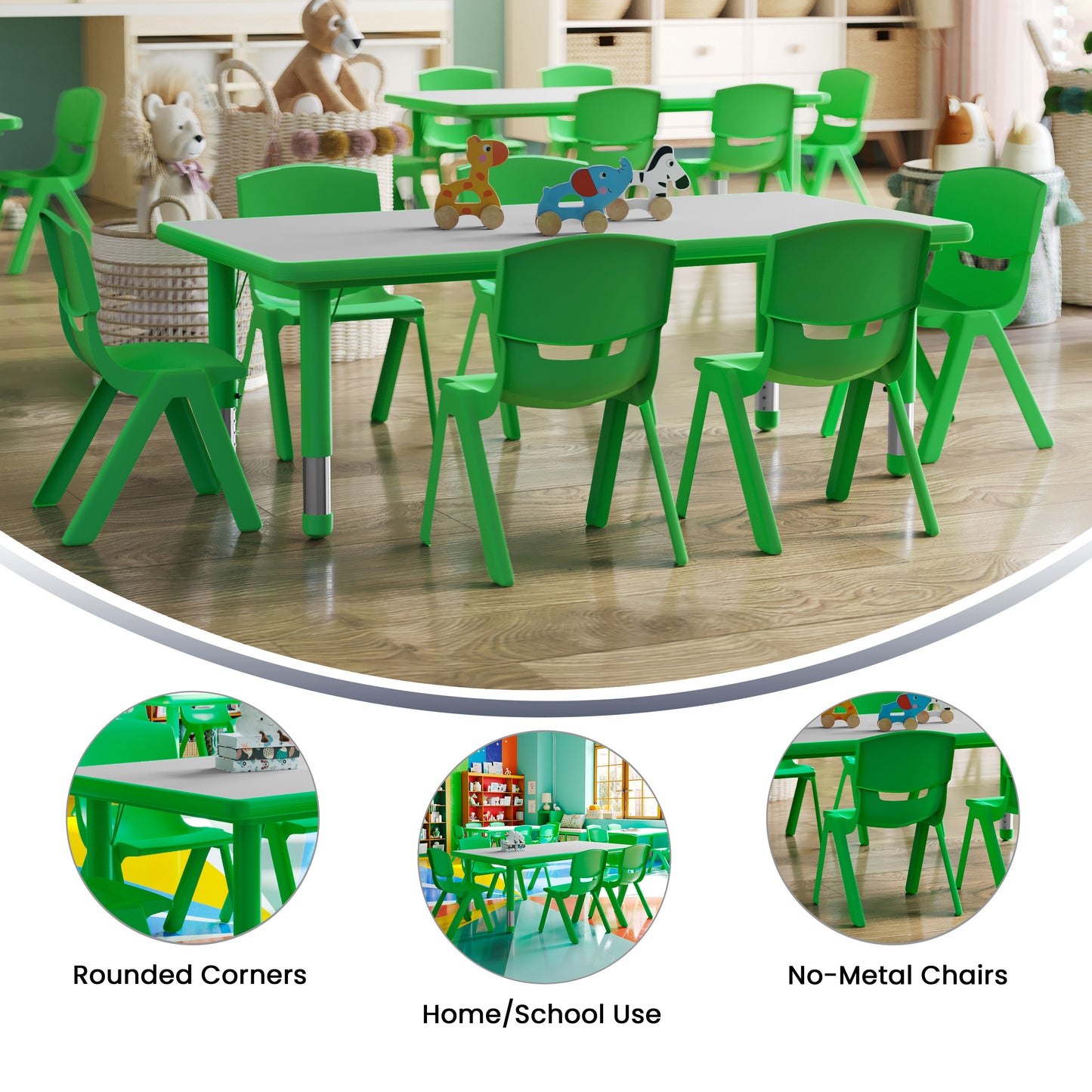 Emmy Adjustable Kids Activity Table Set – 23.6" x 47.25" Green/Gray Plastic Table with 6 Green Chairs – Classroom & Daycare Table for Toddlers & Kids Green