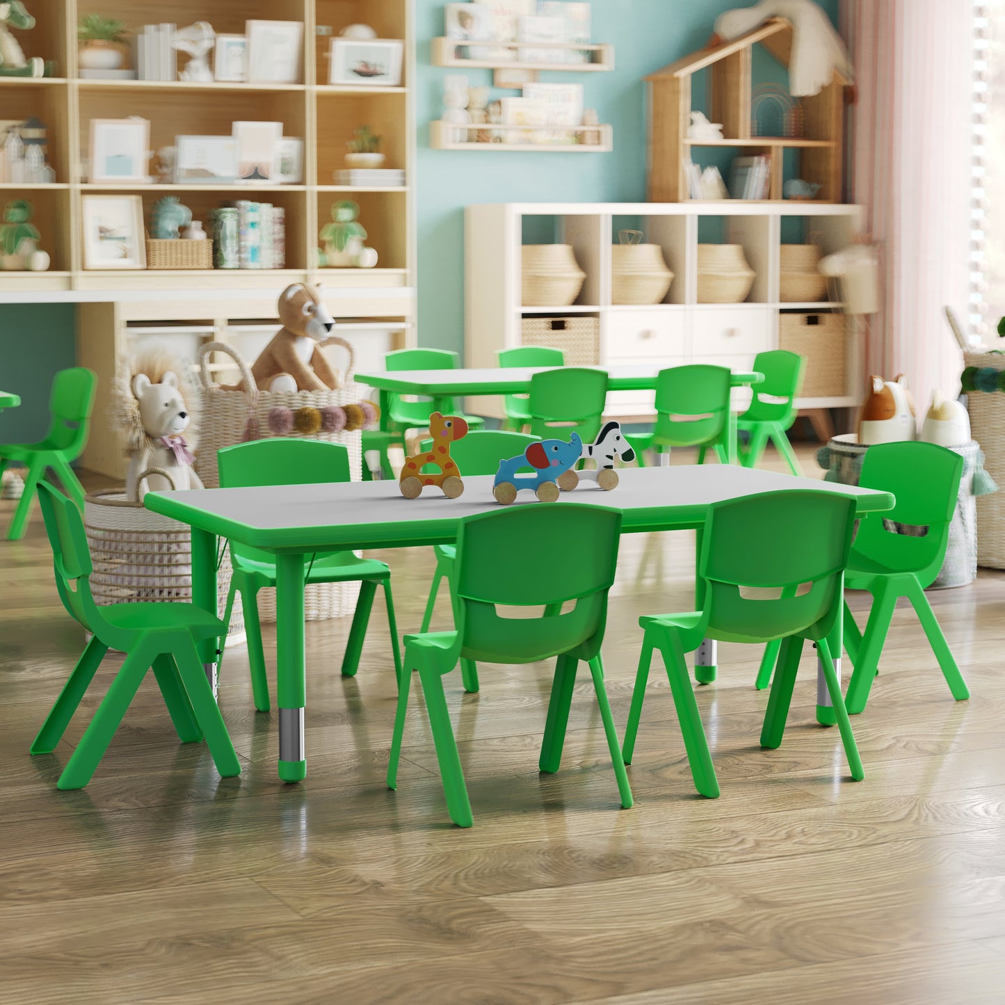 Emmy Adjustable Kids Activity Table Set – 23.6" x 47.25" Green/Gray Plastic Table with 6 Green Chairs – Classroom & Daycare Table for Toddlers & Kids Green
