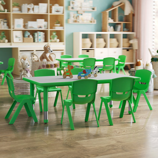 Emmy Adjustable Kids Activity Table Set – 23.6" x 47.25" Green/Gray Plastic Table with 6 Green Chairs – Classroom & Daycare Table for Toddlers & Kids Green