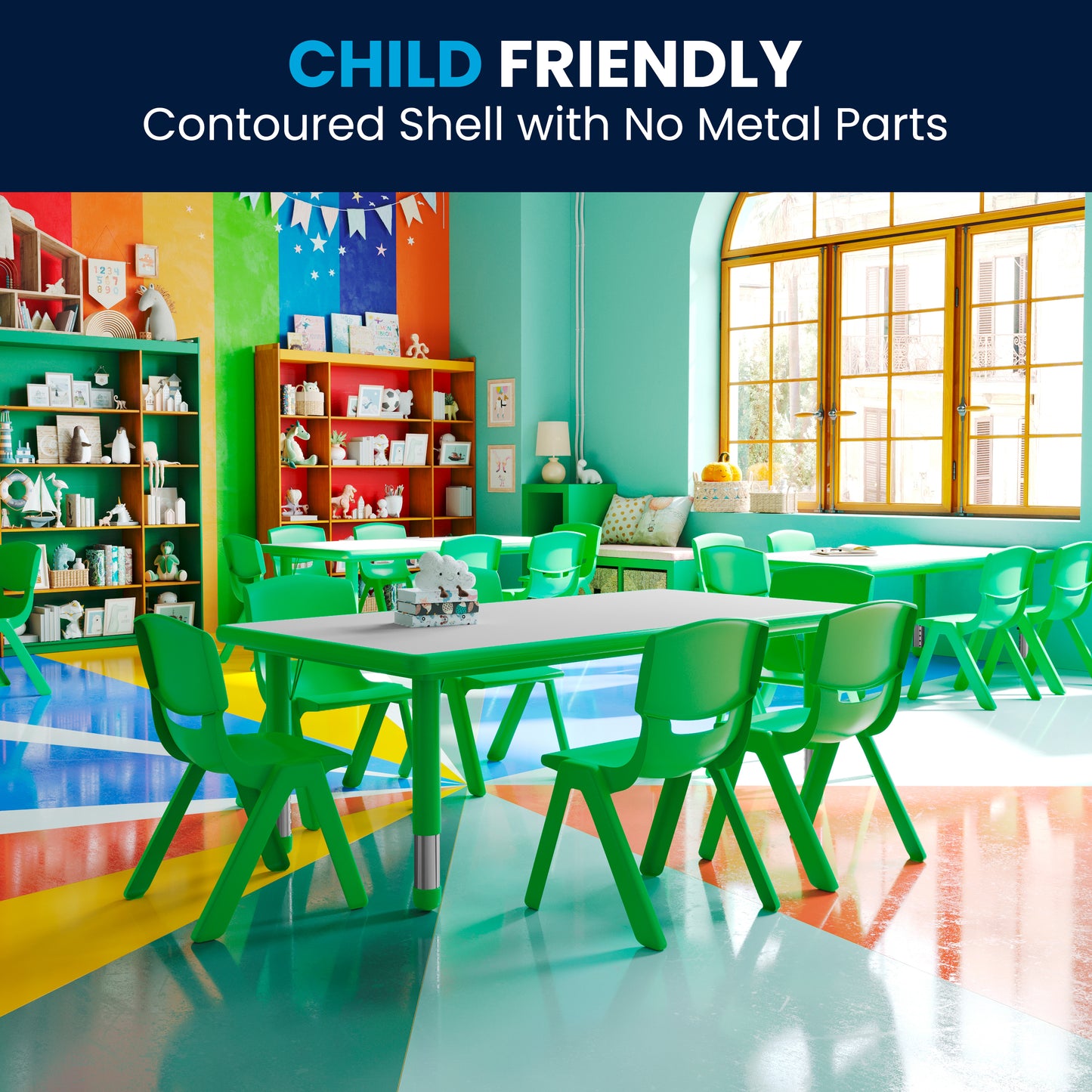 Emmy Adjustable Kids Activity Table Set – 23.6" x 47.25" Green/Gray Plastic Table with 6 Green Chairs – Classroom & Daycare Table for Toddlers & Kids Green