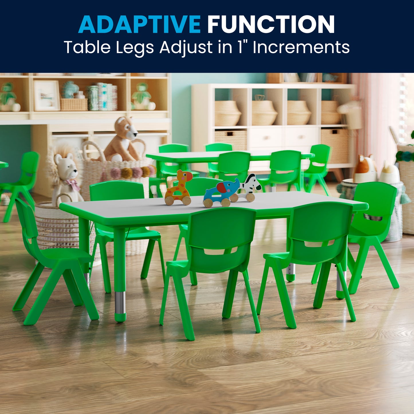Emmy Adjustable Kids Activity Table Set – 23.6" x 47.25" Green/Gray Plastic Table with 6 Green Chairs – Classroom & Daycare Table for Toddlers & Kids Green