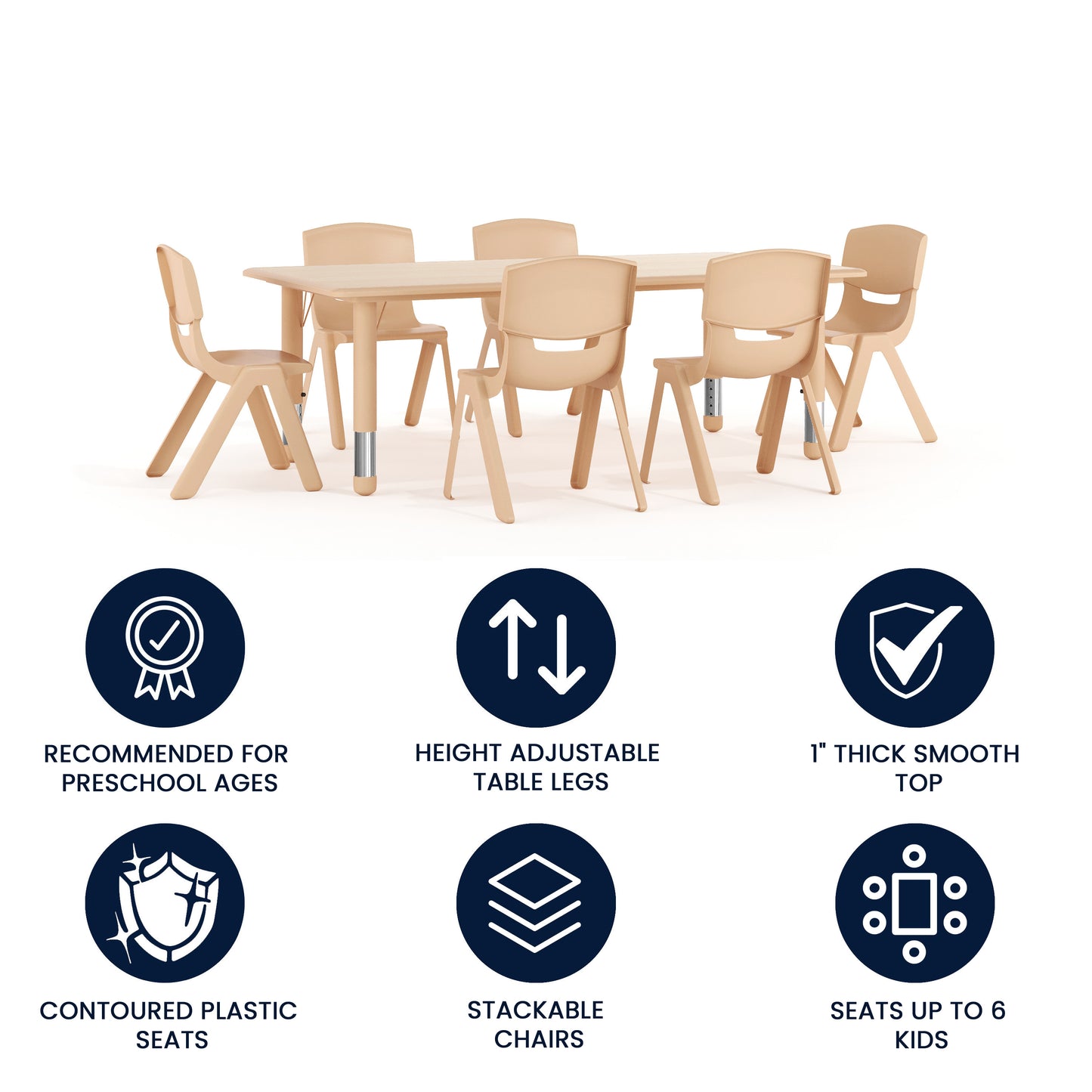 Emmy Adjustable Kids Activity Table Set – 23.6" x 47.25" Natural Plastic Table with 6 Natural Chairs – Classroom & Daycare Table for Toddlers & Kids Natural