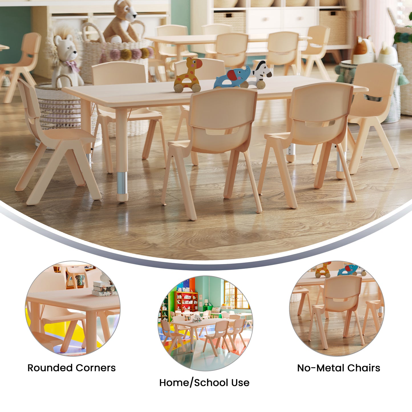 Emmy Adjustable Kids Activity Table Set – 23.6" x 47.25" Natural Plastic Table with 6 Natural Chairs – Classroom & Daycare Table for Toddlers & Kids Natural