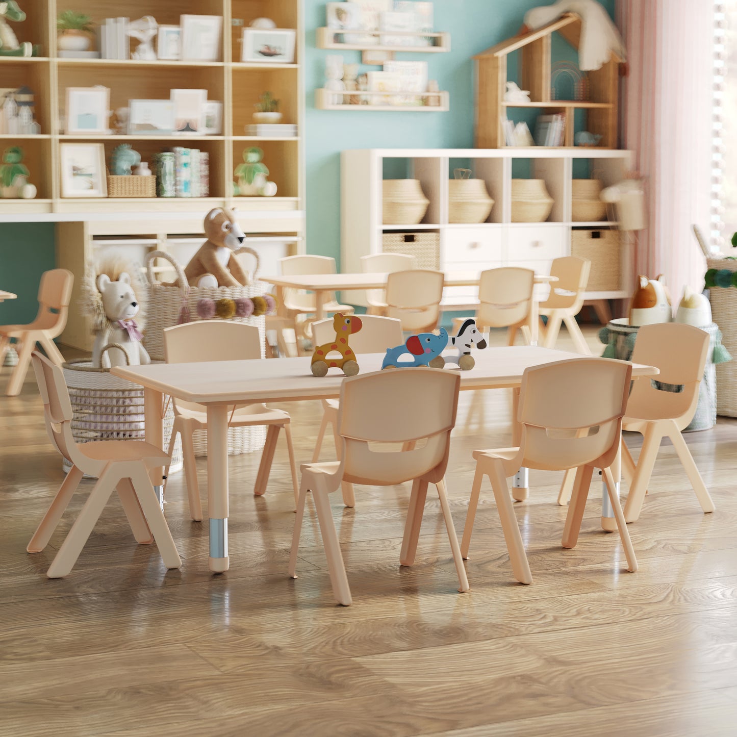 Emmy Adjustable Kids Activity Table Set – 23.6" x 47.25" Natural Plastic Table with 6 Natural Chairs – Classroom & Daycare Table for Toddlers & Kids Natural