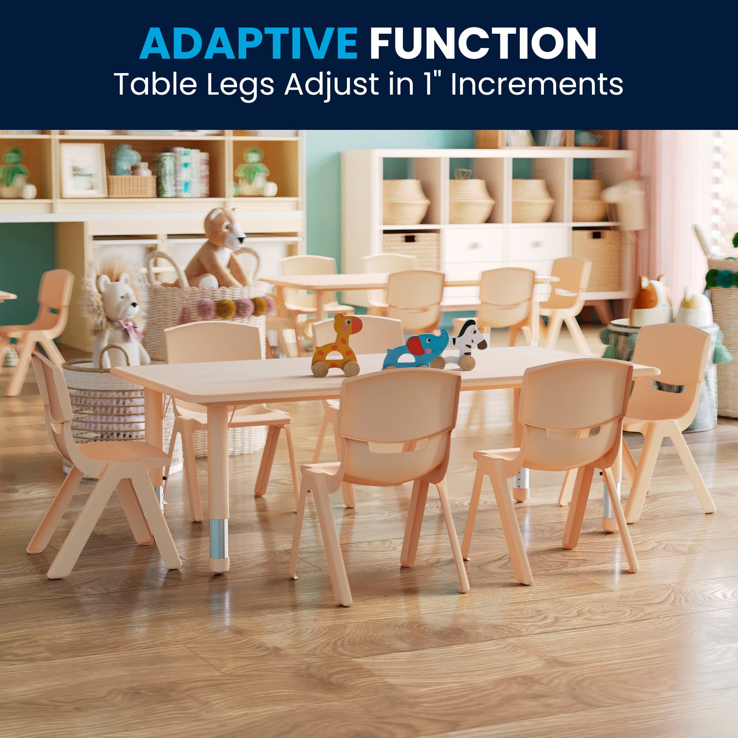 Emmy Adjustable Kids Activity Table Set – 23.6" x 47.25" Natural Plastic Table with 6 Natural Chairs – Classroom & Daycare Table for Toddlers & Kids Natural