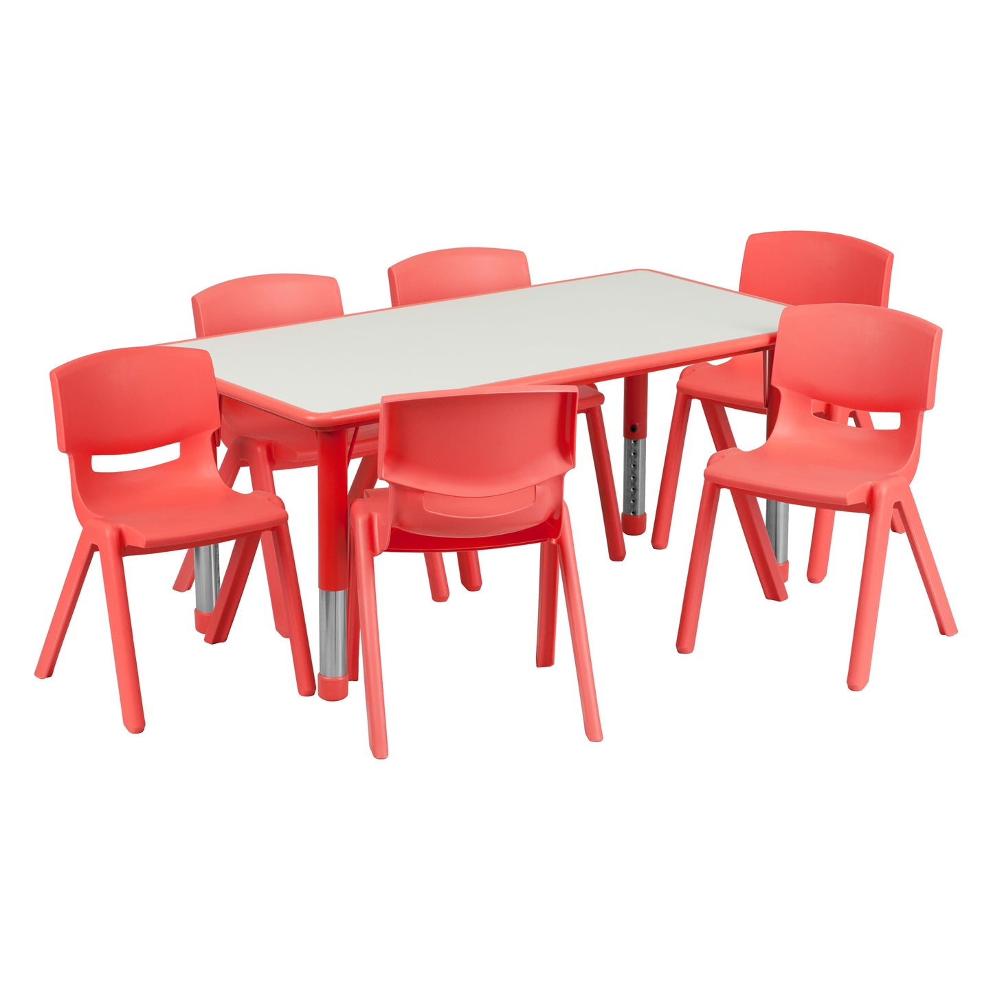 Emmy Adjustable Kids Activity Table Set – 23.6" x 47.25" Red/Gray Plastic Table with 6 Red Chairs – Classroom & Daycare Table for Toddlers & Kids Red