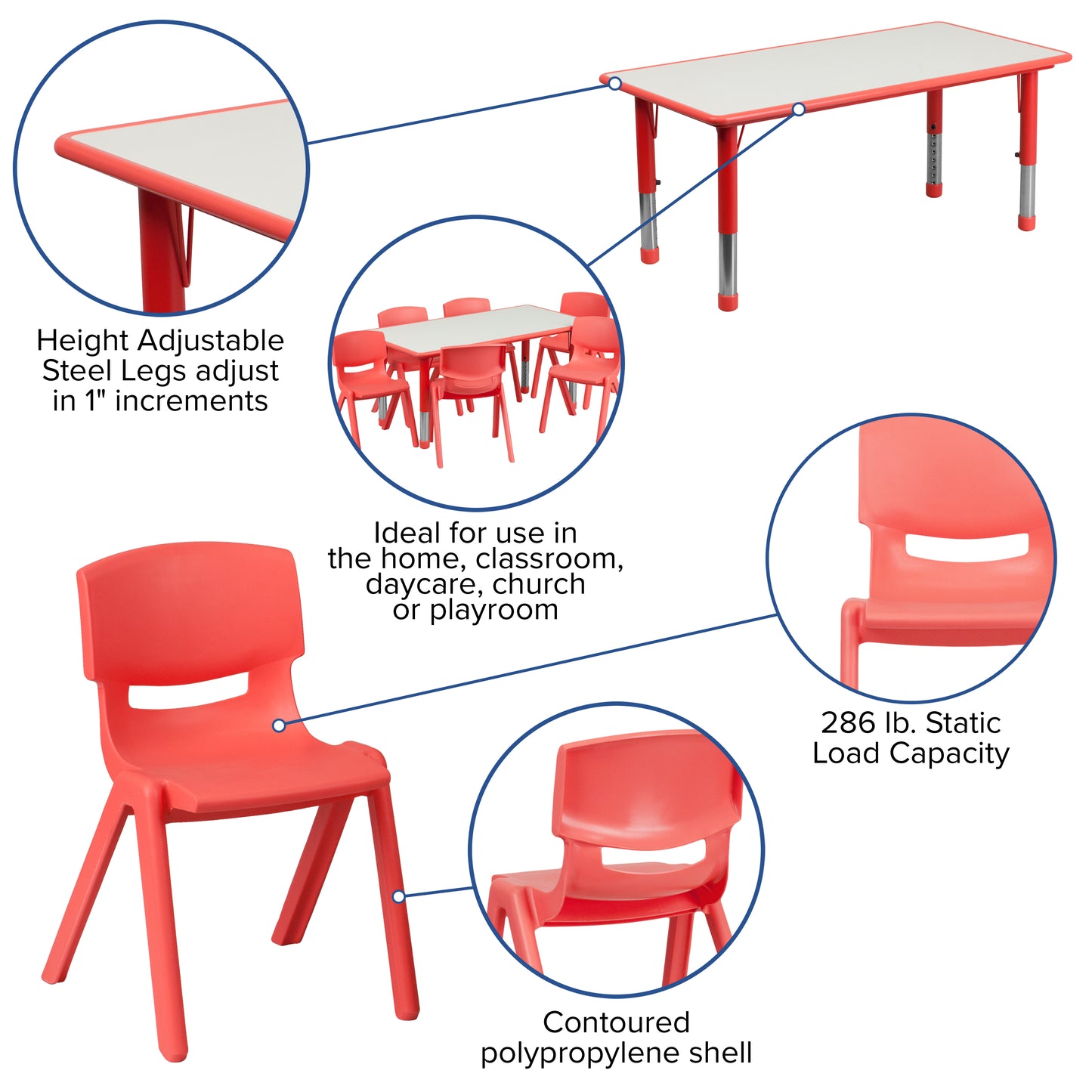 Emmy Adjustable Kids Activity Table Set – 23.6" x 47.25" Red/Gray Plastic Table with 6 Red Chairs – Classroom & Daycare Table for Toddlers & Kids Red