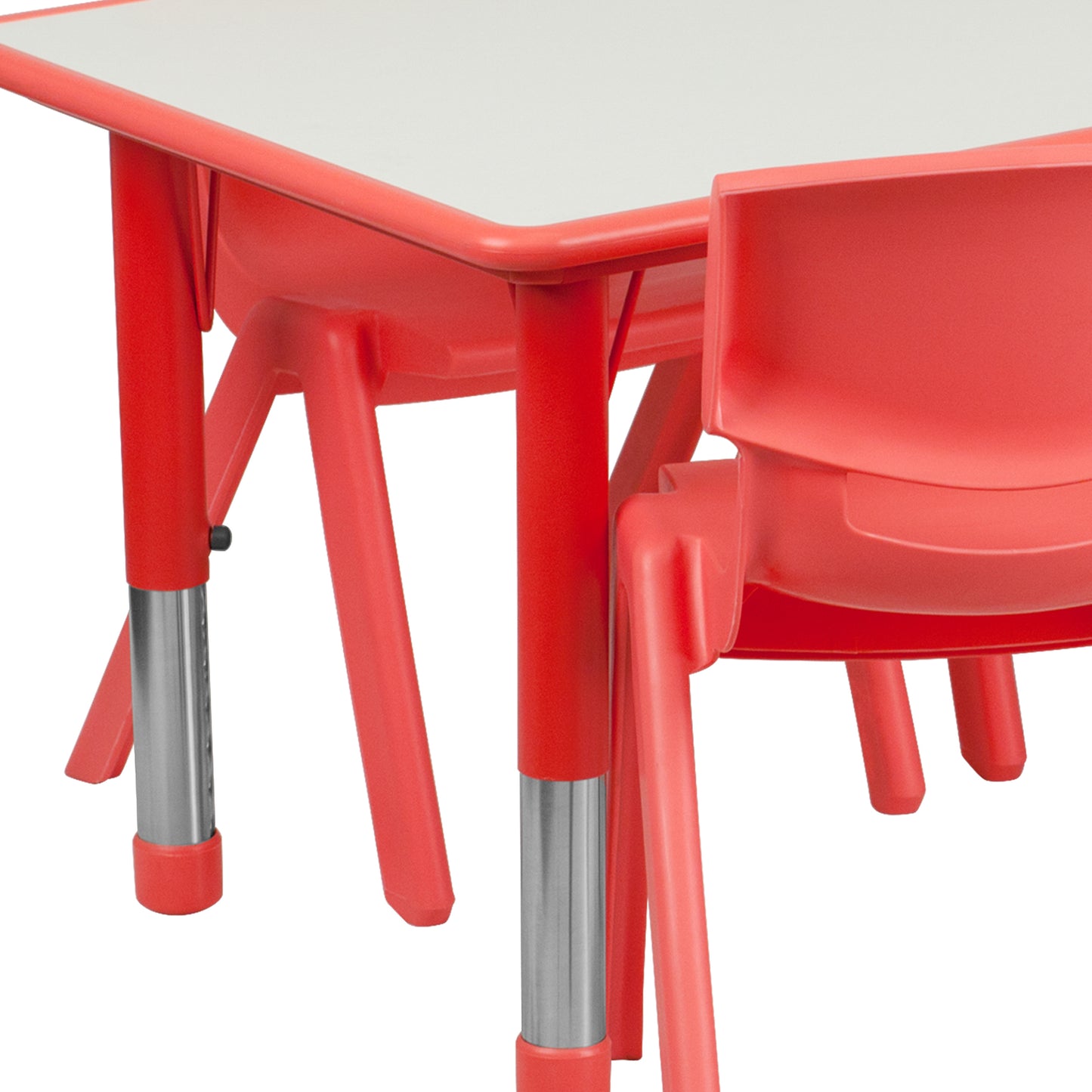 Emmy Adjustable Kids Activity Table Set – 23.6" x 47.25" Red/Gray Plastic Table with 6 Red Chairs – Classroom & Daycare Table for Toddlers & Kids Red