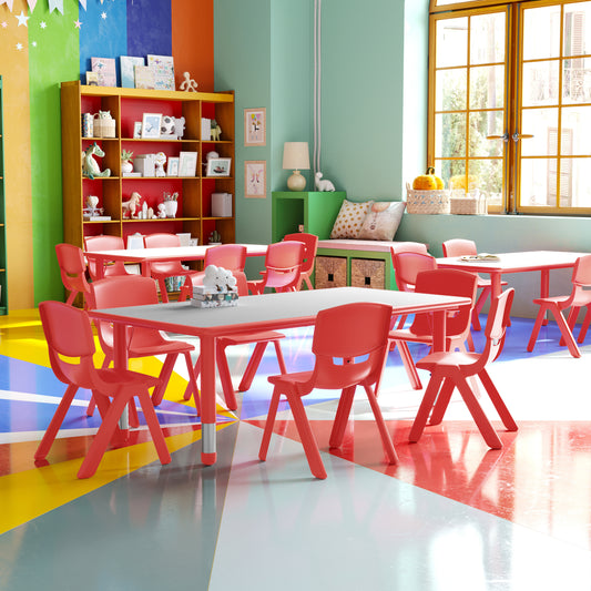 Emmy Adjustable Kids Activity Table Set – 23.6" x 47.25" Red/Gray Plastic Table with 6 Red Chairs – Classroom & Daycare Table for Toddlers & Kids Red