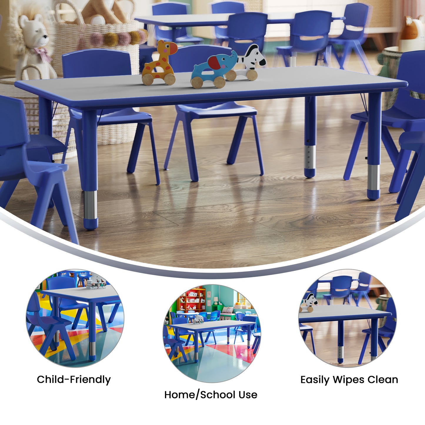 Wren Adjustable Height Kids Activity Table, Blue/Gray Plastic, 23.6"W x 47.25"L, Rectangular, Table Only Blue