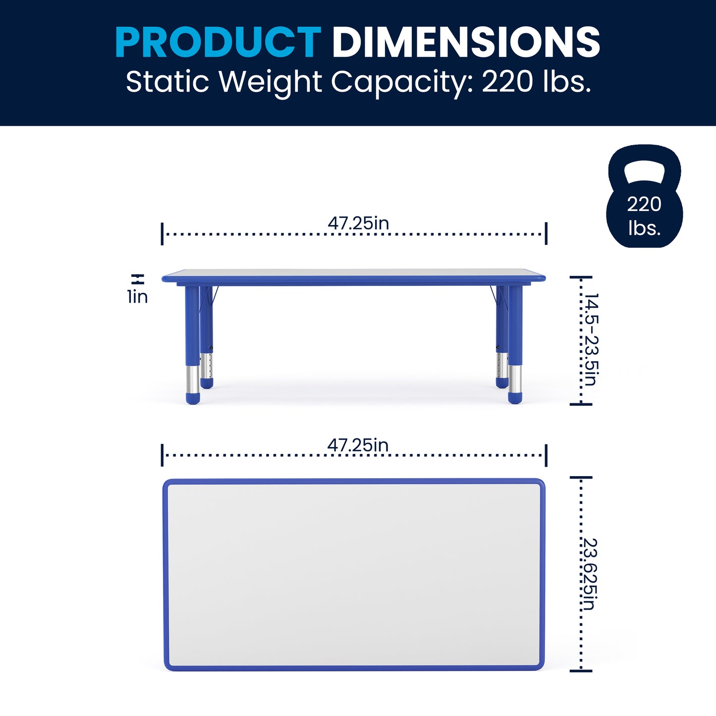 Wren Adjustable Height Kids Activity Table, Blue/Gray Plastic, 23.6"W x 47.25"L, Rectangular, Table Only Blue