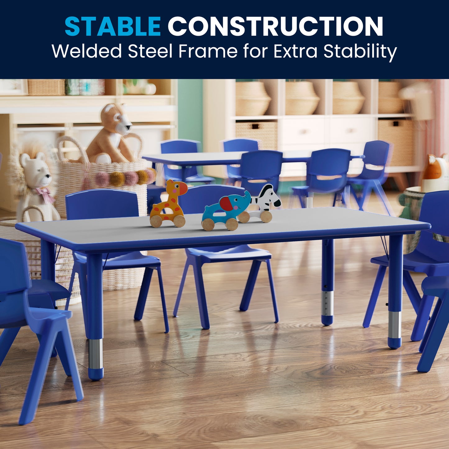 Wren Adjustable Height Kids Activity Table, Blue/Gray Plastic, 23.6"W x 47.25"L, Rectangular, Table Only Blue