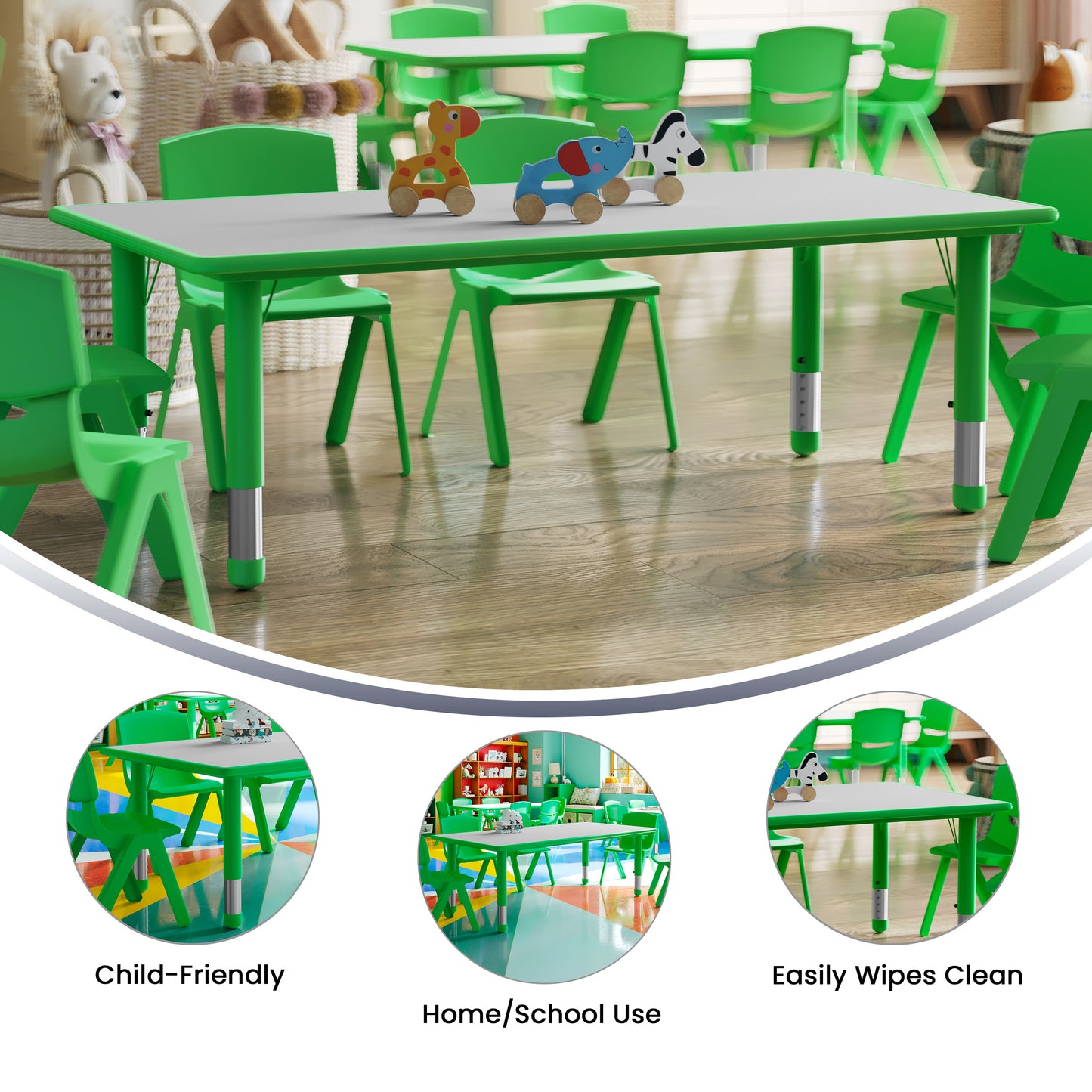 Wren Adjustable Height Kids Activity Table, Green/Gray Plastic, 23.6"W x 47.25"L, Rectangular, Table Only Green