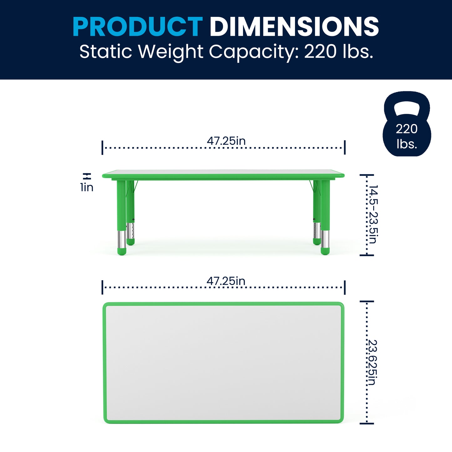Wren Adjustable Height Kids Activity Table, Green/Gray Plastic, 23.6"W x 47.25"L, Rectangular, Table Only Green