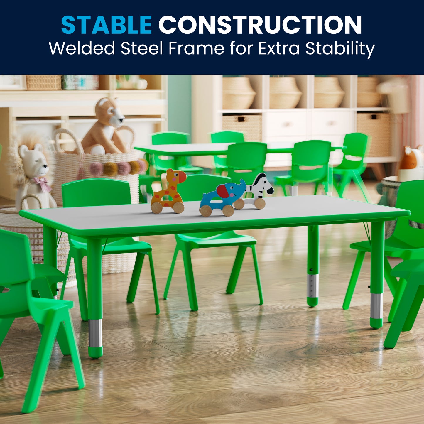 Wren Adjustable Height Kids Activity Table, Green/Gray Plastic, 23.6"W x 47.25"L, Rectangular, Table Only Green