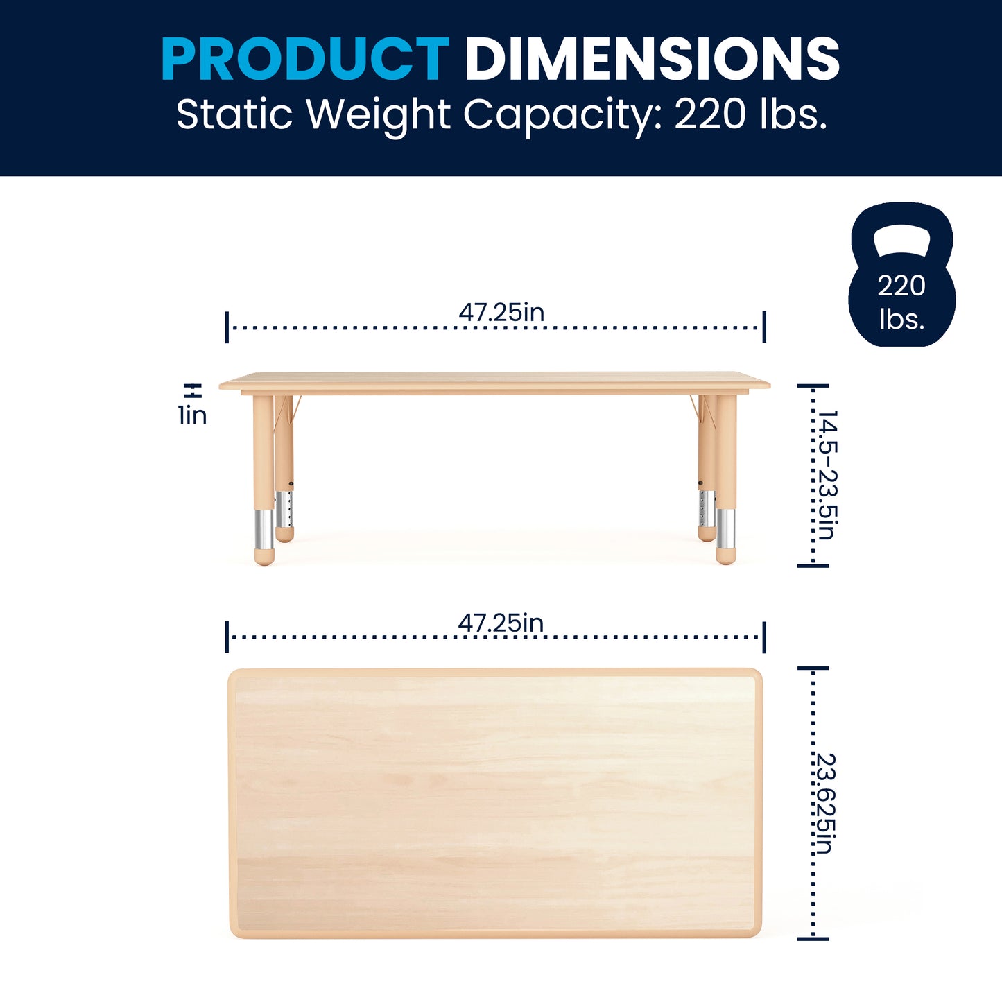 Wren Adjustable Height Kids Activity Table, Natural Plastic, 23.6"W x 47.25"L, Rectangular, Table Only Natural YU-YCY-060-RECT-TBL-NAT-GG