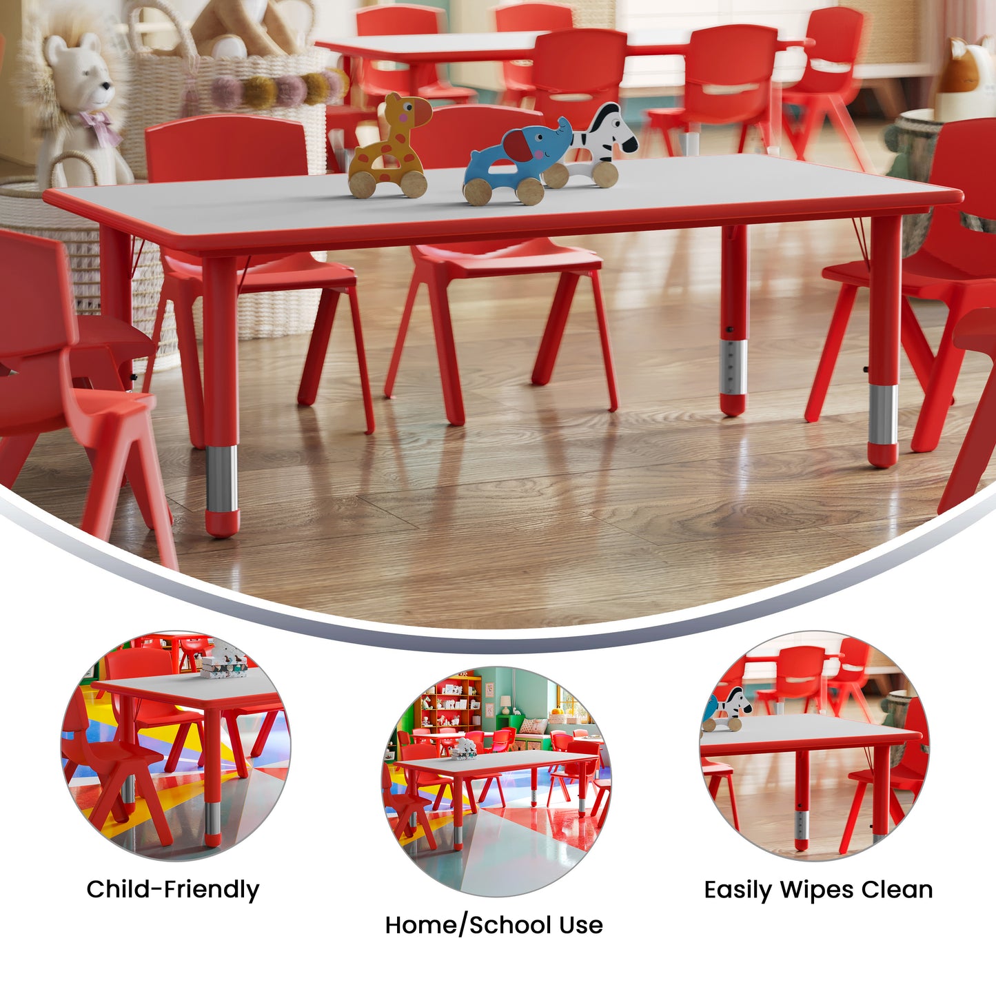 Wren Adjustable Height Kids Activity Table, Red/Gray Plastic, 23.6"W x 47.25"L, Rectangular, Table Only Red